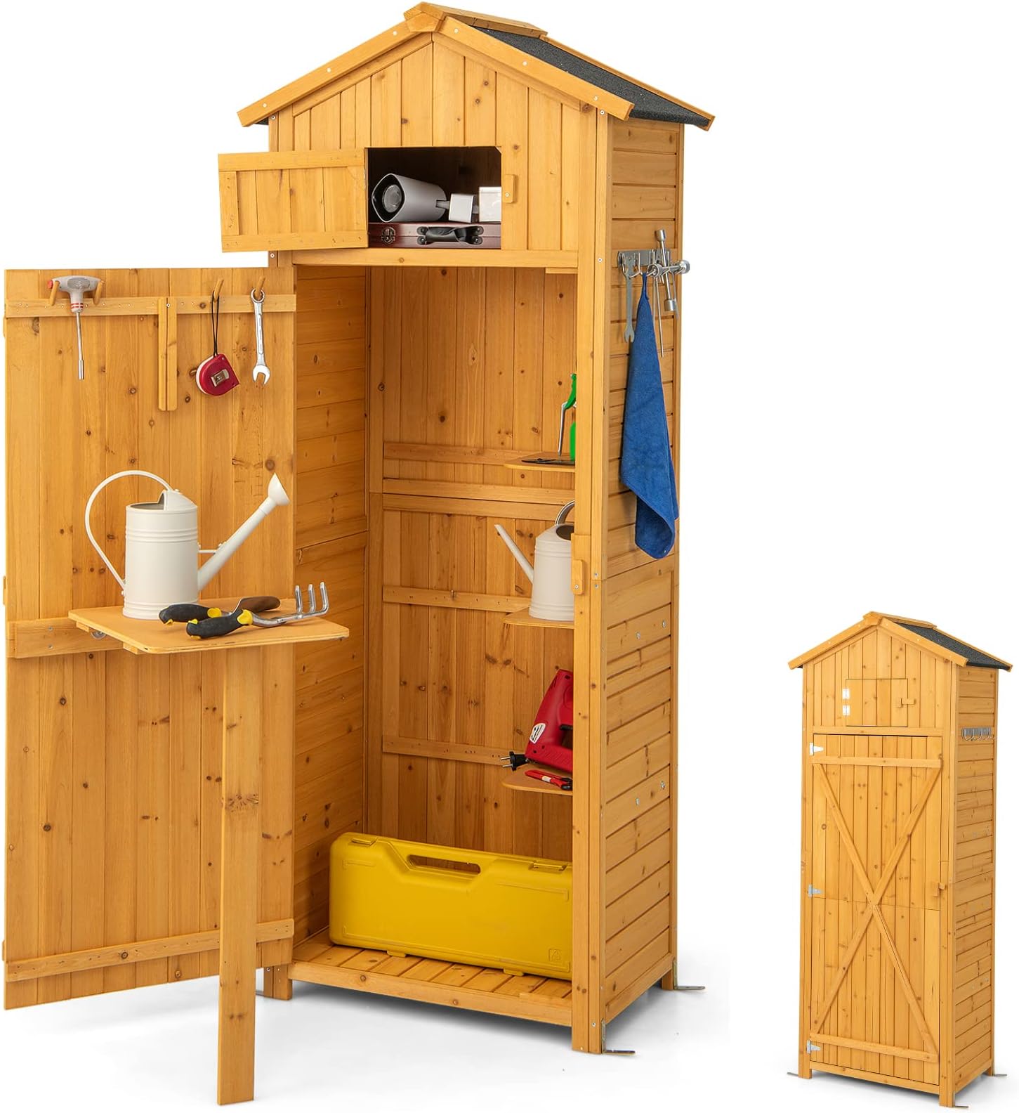 Garden Shed, Fir Wood Tool Storage Cabinet with Slope Roof, Lockable Door, Detachable Shelves, Roof Hatch, Folding Table & Hanging Hooks, Outdoor Vertical Storage Sheds, 75x50x180cm Natural