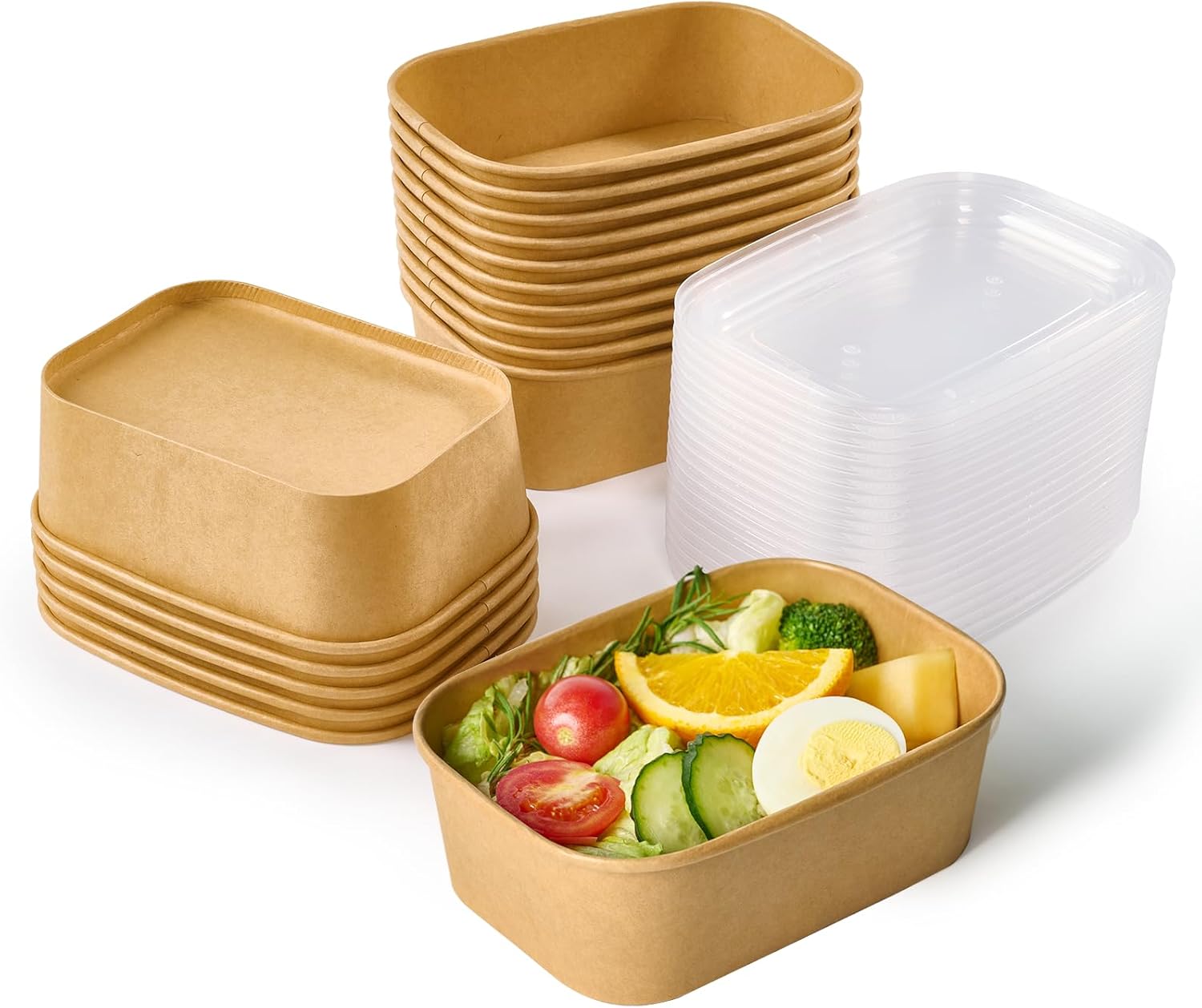 JOLLY CHEF 25 oz 50 Pack Paper Meal Prep Containers with Lids, Rectangular Disposable Food Containers, Brown Paper Bowls with Lids for Thanksgiving, Christmas, Parties