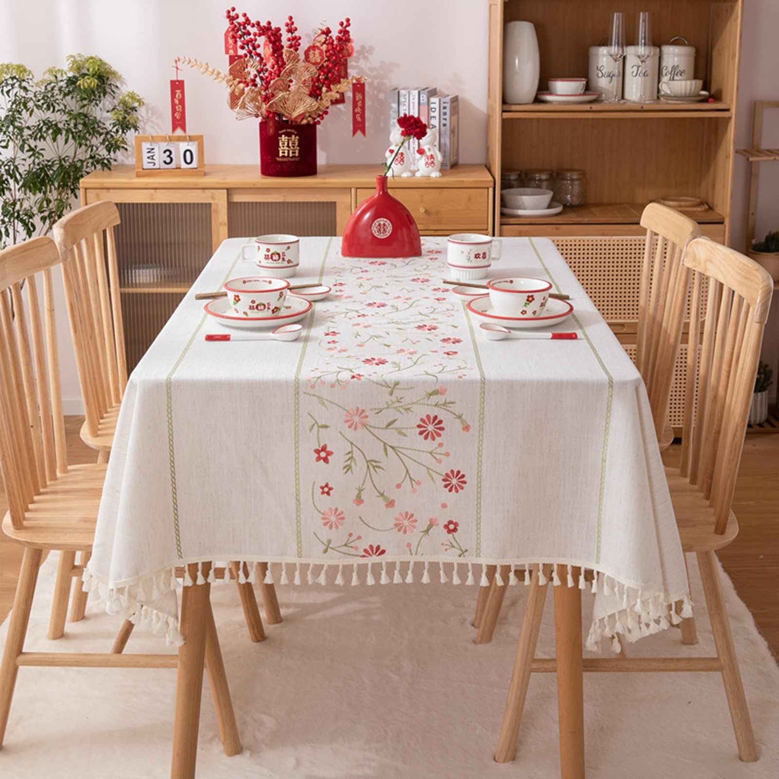 Tovaglia Decorativa Quadrata, Tovaglie 140 x 140 cm Motivo fiori centrali in Poliestere Tovaglia per Casa e Cucina, Tovaglia Elegante per PicnicBeigeStile 3