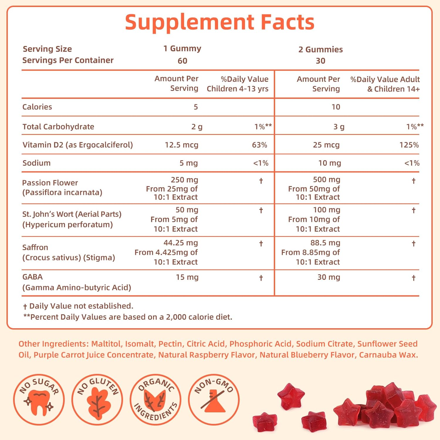 Saffron Gummies for Kids, with Passion Flower, Saffron Extract & GABA, Calm Mood Support Supplement for Focus & Relaxation, Mood Gummies Natural Berry Flavor, 60 Count (30-Serv) for Children Ages 4-14