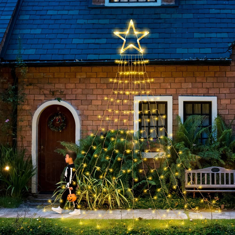 Rideau lumineux en forme d'étoile - Guirlande lumineuse d'extérieur avec prise - 335 LED - 8 éclairages pour l'intérieur et le jardin - Décoration d'arbre (blanc chaud)