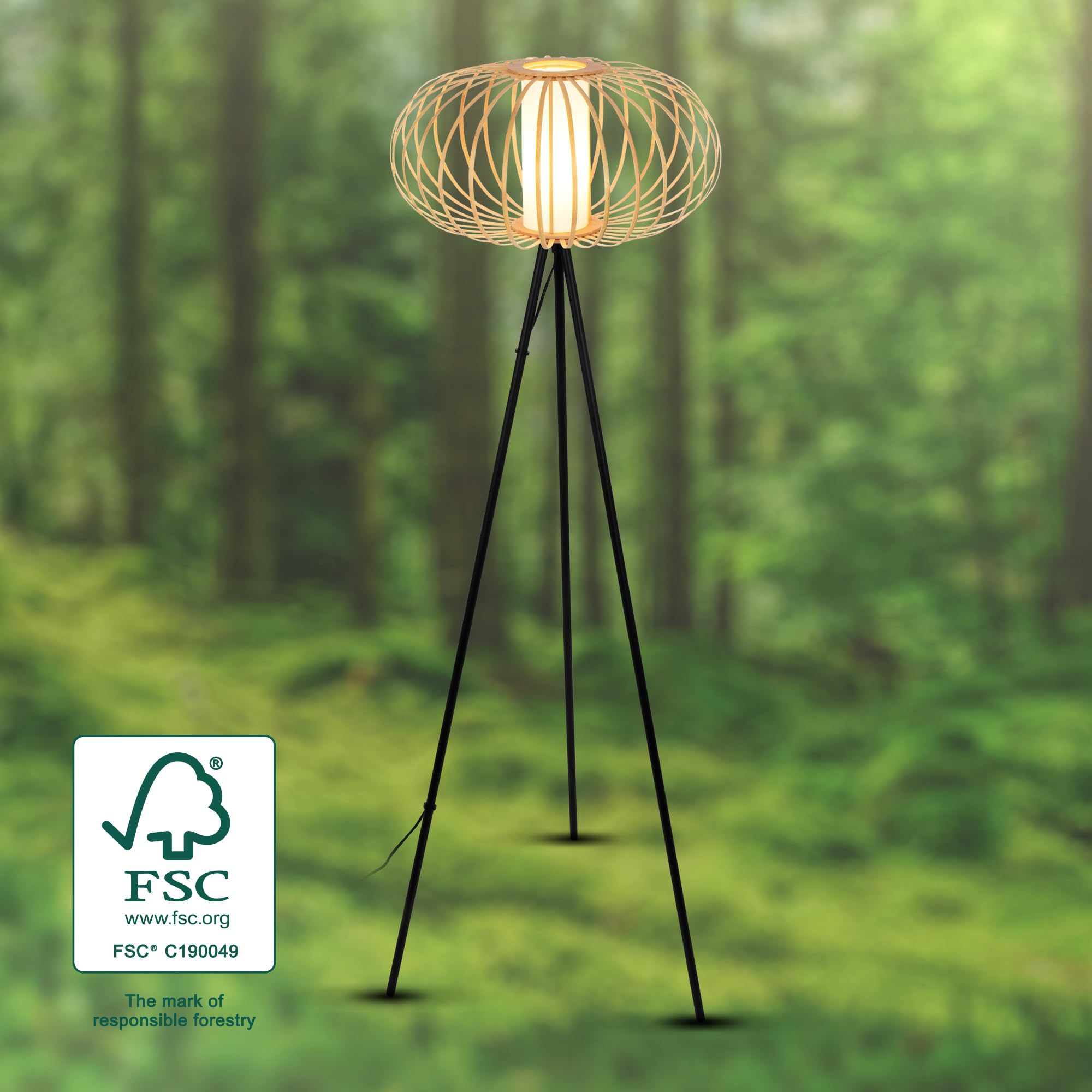 Briloner - Lámpara de Pie para el Salón, Lámpara de Lectura, Lámpara de Salón, Lámpara de Pie de Madera, Boho, Dormitorio deco, Lámpara de Pie, Casquillo E27, Negro-Madera