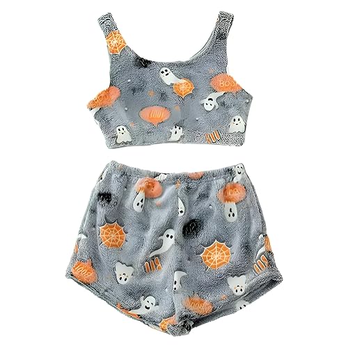 Atlodas Spooky Vest Pajama Set, 2024 Halloween Flannel Glow-in-The-Dark Vest Pajamas Set,Cute Pumpkin & Ghost PJS Set Women - Small - Gray-ghost
