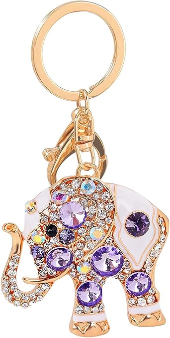 Purple Gem Elephant Keychain Crystal Bag Purse Charm for Women | Sparkling crystal elephant keychain with purple gemstone accents on a gold ring a cute bag & purse charm and gift for women