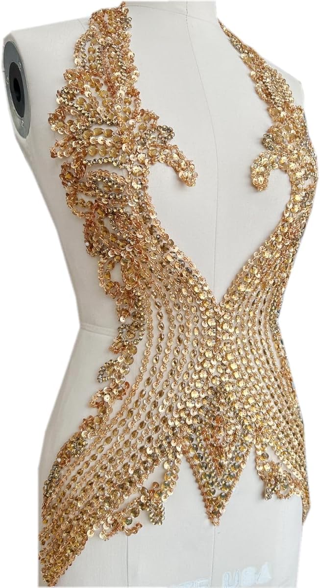 Pure Hand Sewing Beads Applique Rhinestones Trim Patches Shiny Cloth Accessories 15X26in (Champagne)