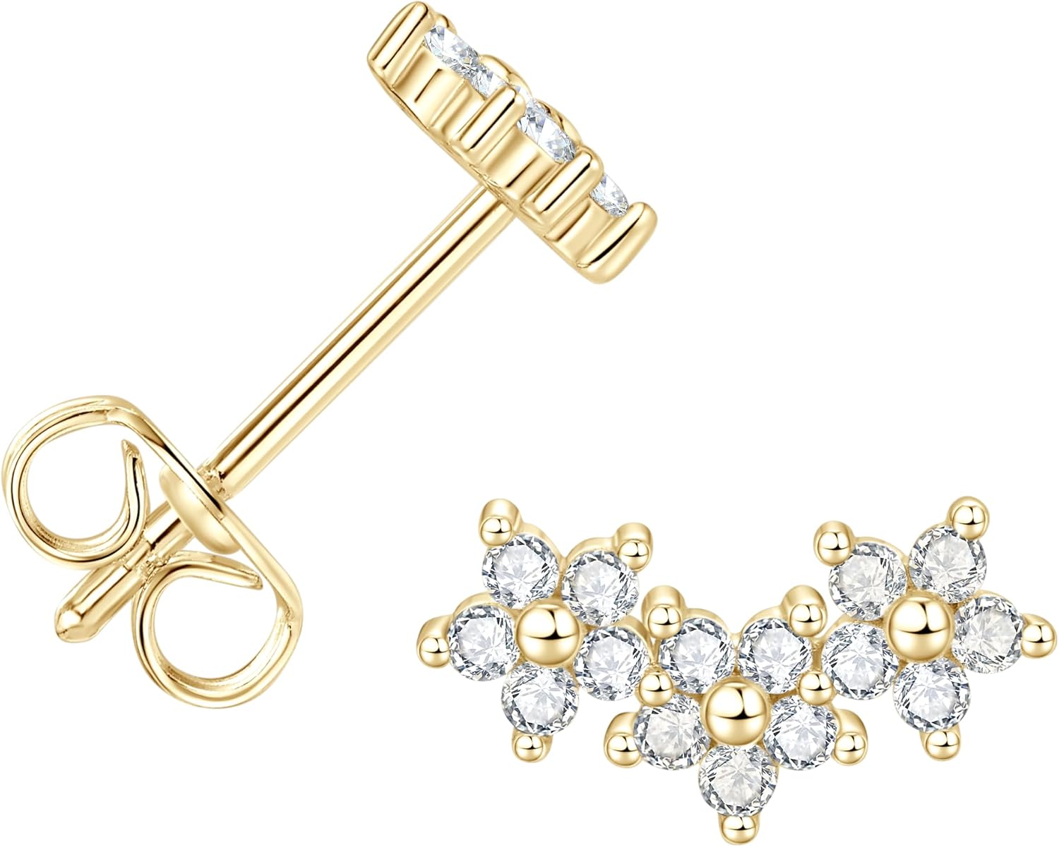 Moissanite Cluster Stud Earrings for Women, 14K Gold Filled Imitation Diamond Moissanite Studs Vintage Three Flower Stud Women Earrings Jewelry Valentine Anniversary Day Birthday Gifts for Her