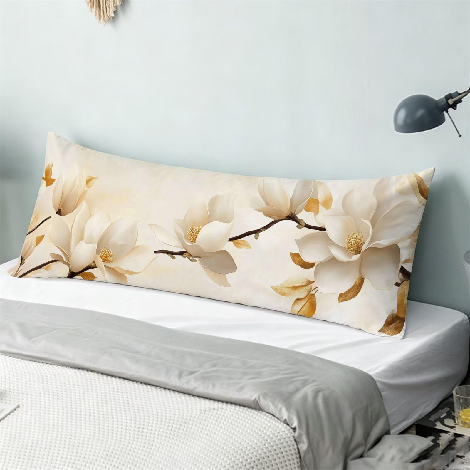 Funda de Almohada 60 x 180 cm Crema Protector Almohada 180 cm con Cremallera Invisible, Lino Durable y Transpirable Pillow Case Largas Flor Impresión a Doble Cara para Cama, Sofá y Dormitorio dg-227