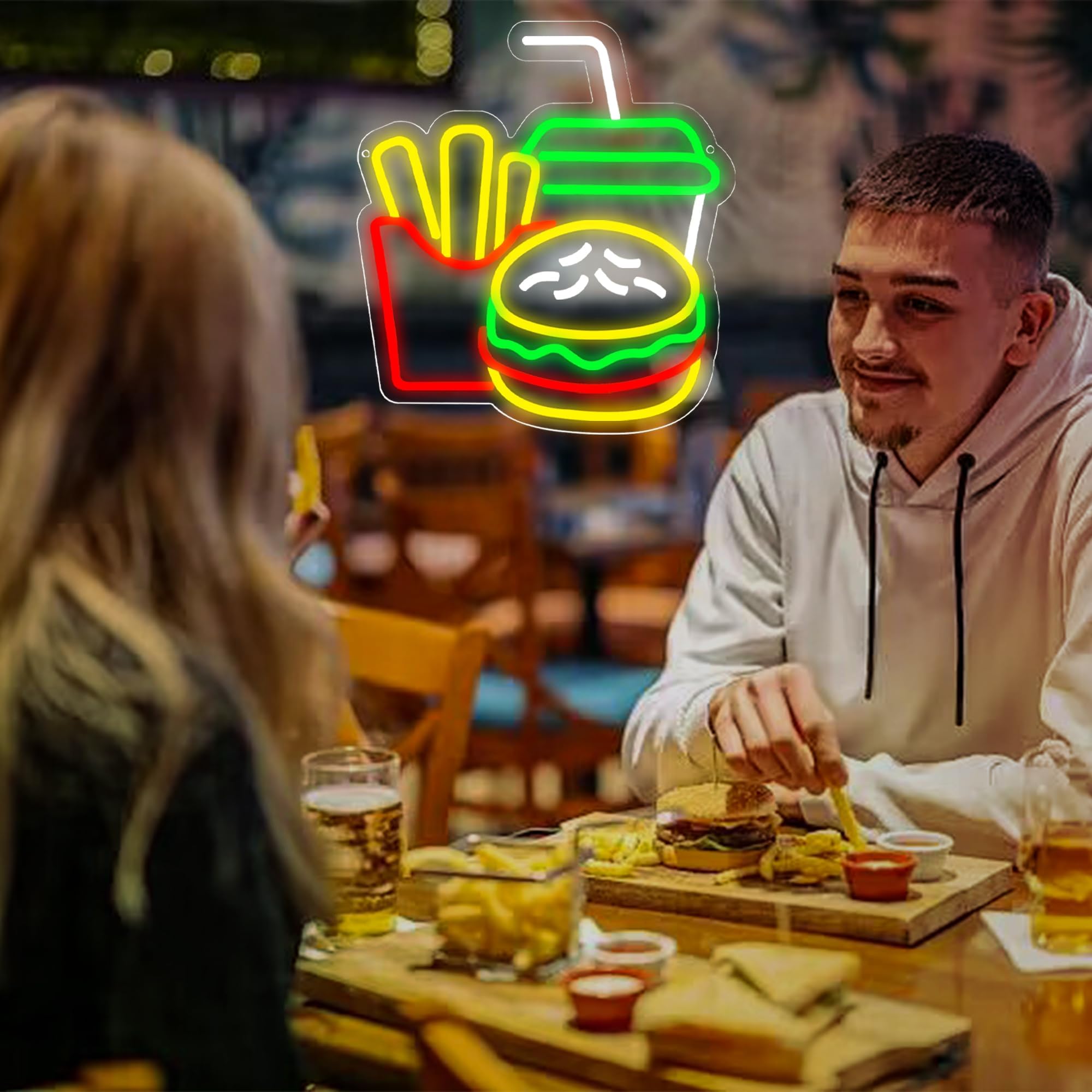 Burger Neon Sign for Burger Shop Decor, French Fries LED Neon