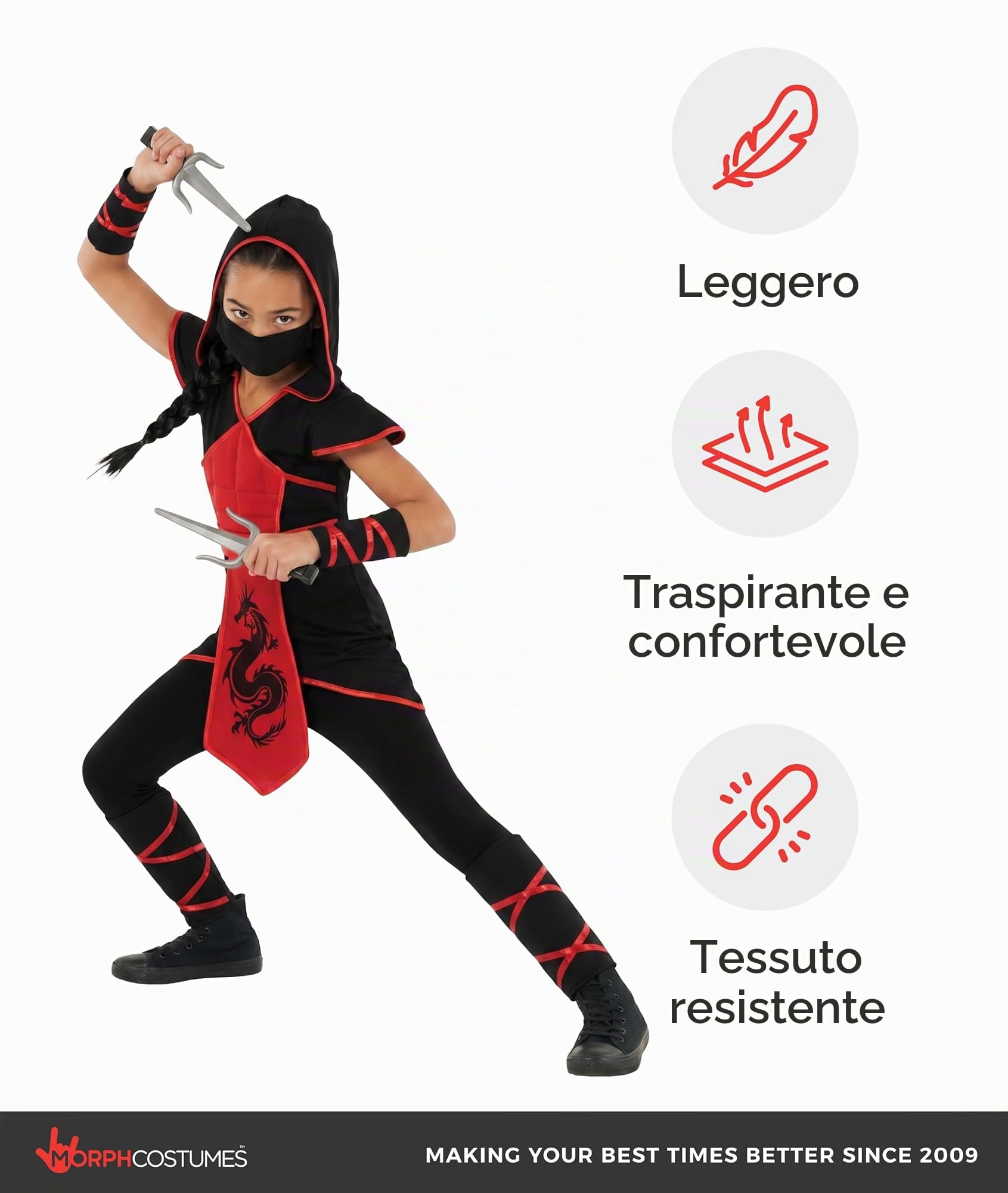 Morph Costume Ninja Bambino, Costume Halloween Bambino | Tunica con Cappuccio, Polsini, Maschera & Pugnali, Look da Ninja, Perfetto per Halloween, Ideale per il Gioco di Ruolo