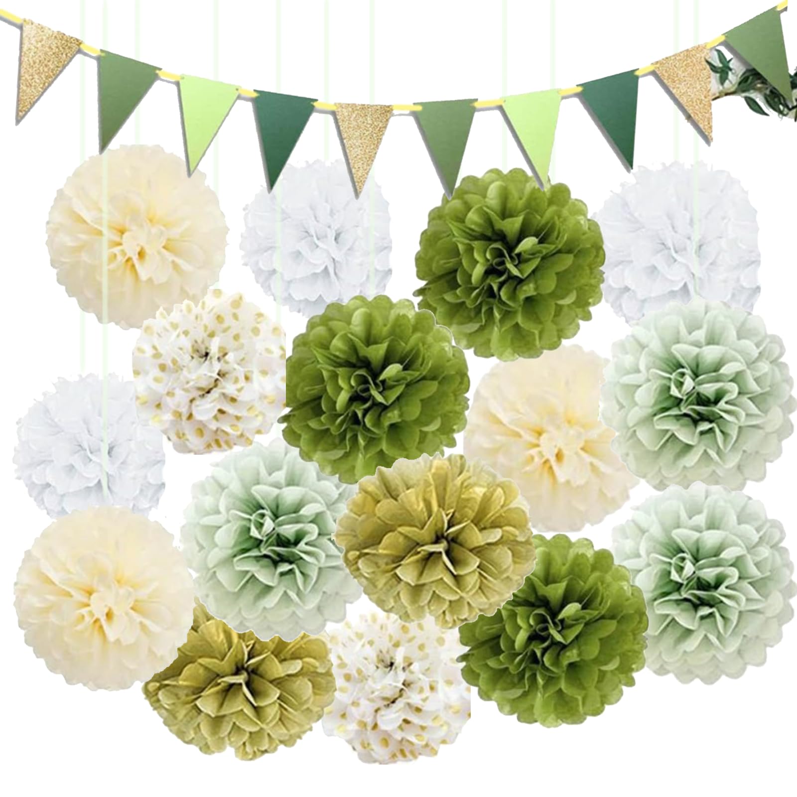 TREABEAR Adornos Cumpleaños, 16Pcs Pompones de Papel Verde Salvia, 10Pcs Banderitas Decorativas, Decoracion Boda, Decoracion Bautizo Niña Niño , Flores de Papel Decoracion para Fiesta Comunion