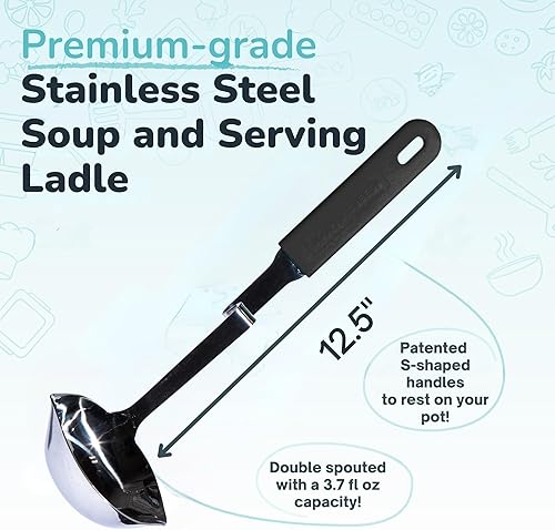 Miniatura 25 de Souper Cubes + Lori Greiner - Cucharón de sopa de acero inoxidable con mango de silicona - Cucharón de sopa de metal con diseño sin desorden que se