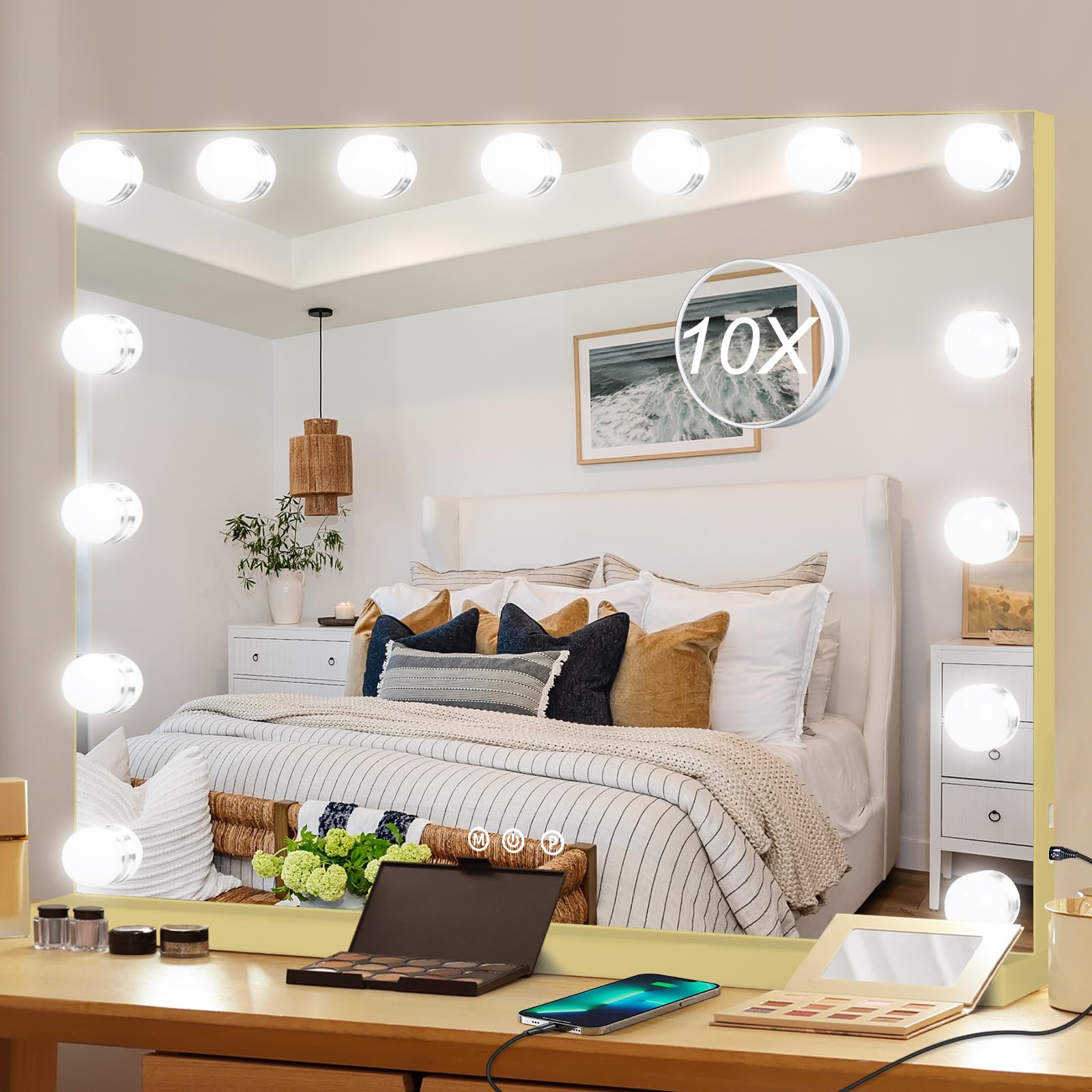 moonee vanity mirror with lights, gold hollywood lighted makeup mirror with 15 dimmable bulbs and 10x magnification, 3 colors modes, aluminum metal frame, light up mirror for tabletop/wall-23" x 18"