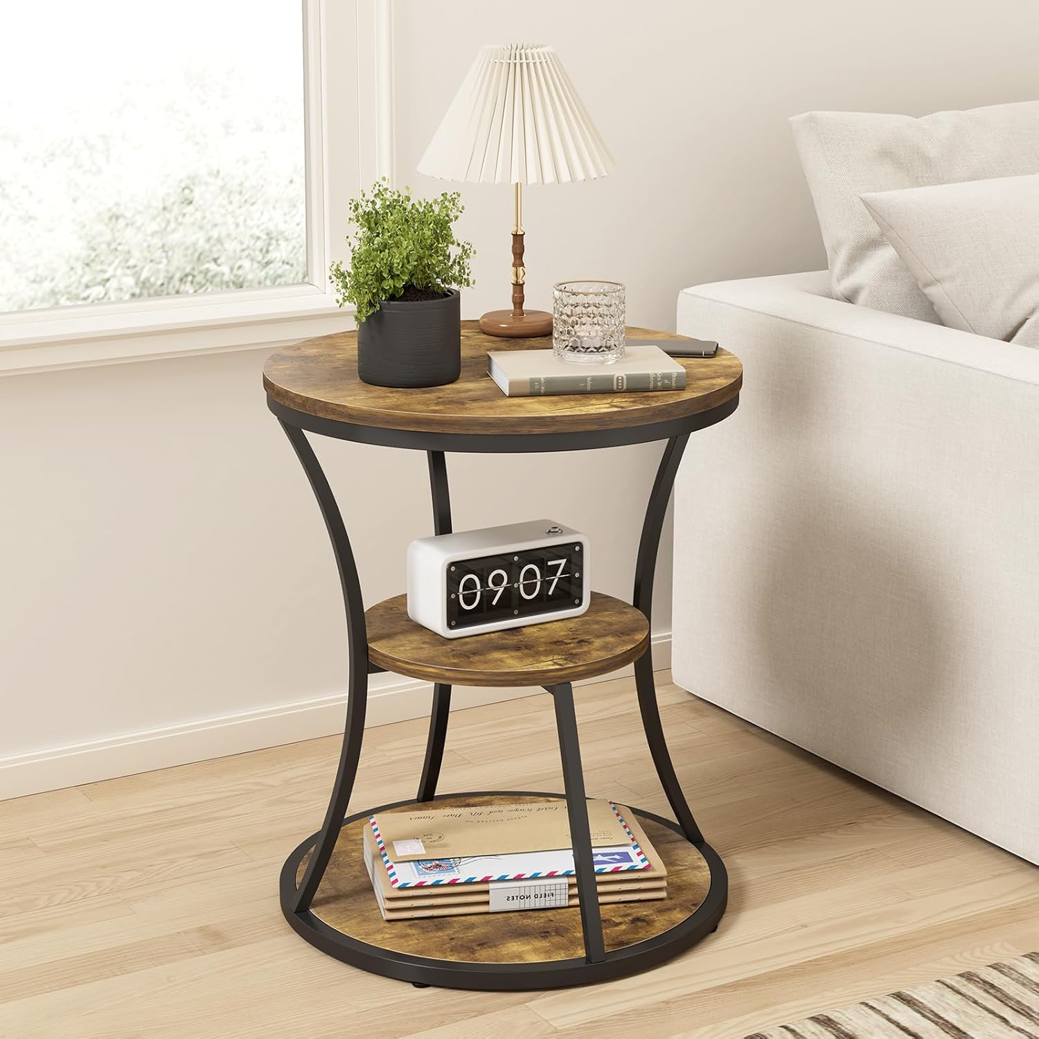 Small Round End Table, 3 Tier Side Table with Storage Shelf for Living Room,Compact Coffee Table and Tea Sofa Table for Small Spaces,Vintage Nightstand for Bedroom Study,Rustic Brown and Black