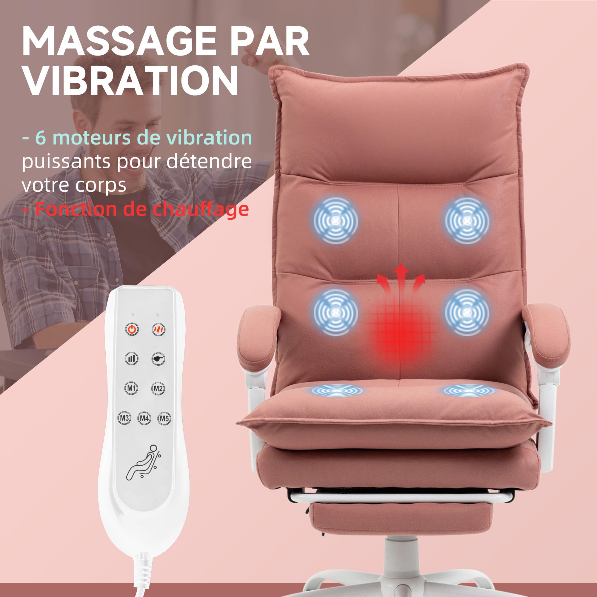 Vinsetto Fauteuil de Bureau Massant et Chauffant Hauteur Réglable Rose