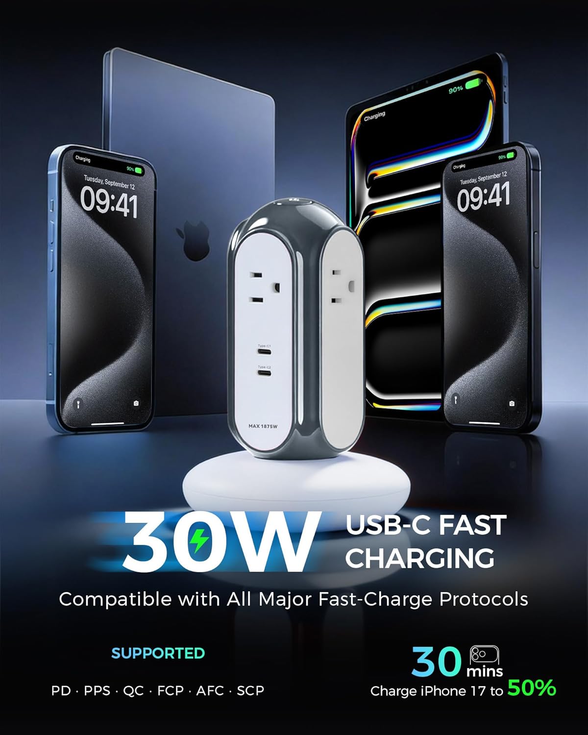 MiaoLab Power Strip Tower with 2 USB-C Ports (30W) + 4 AC Outlets, 1420J Surge Protector Power Strip with Overload Protection, 6.6FT Extension Cord with Multiple Outlets, 1875W/15A Charging Station