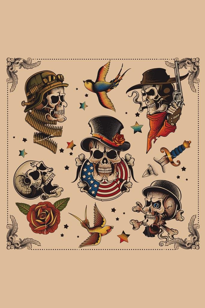 Amazon.com: Skull Set Vintage Tattoo Cool Wall Art Print Poster