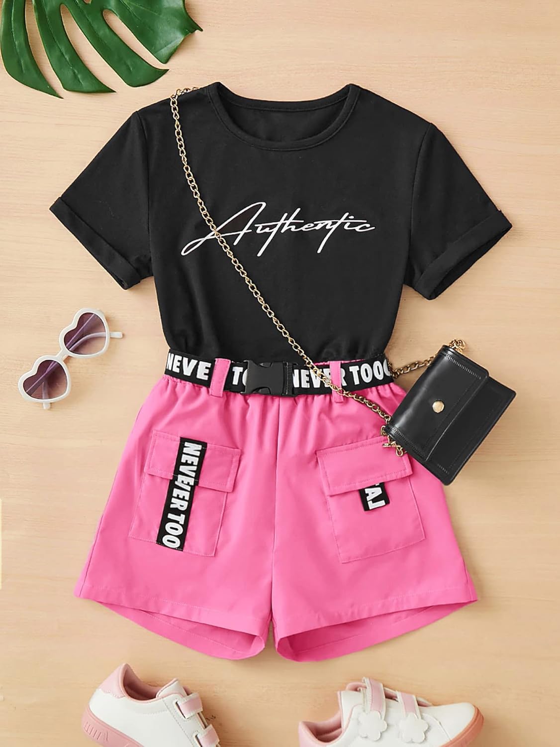 OYOANGLE Girl's 2 Piece Outfits Letter Graphic Round Neck Tee Shirt and Buckle Belted Shorts Set - Image 6