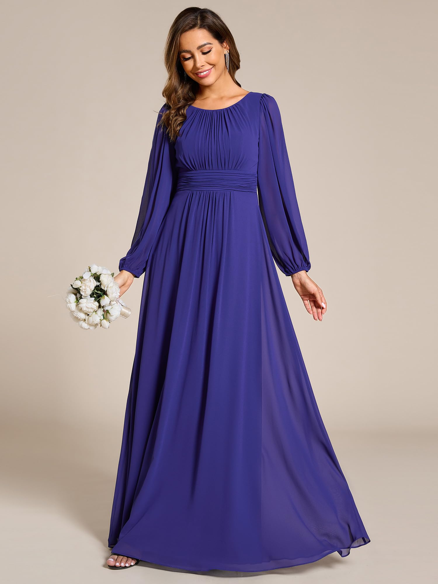 Ever-Pretty Vestito da Sera Donna Lungo Cintura Rotondo Manica Lunga Elegante Abiti da Cerimonia Blu Zaffiro 44