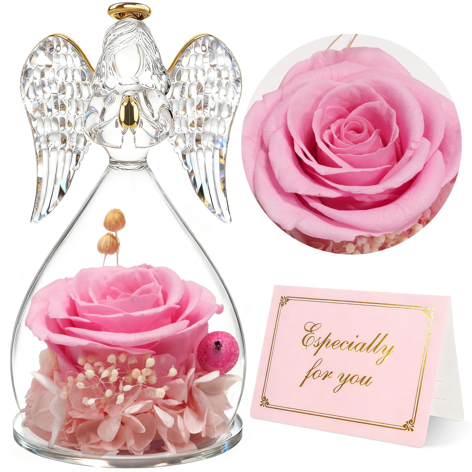 Yamonic Rosa Eterna Regalo Originale para Mujer,Rosa Preservada con Figura Ángel Regalos para Mamá,Regalos Cumpleaños Mujer Abuela,Flore Eterna Regalo Navidad San Valentin Dia de la Madre