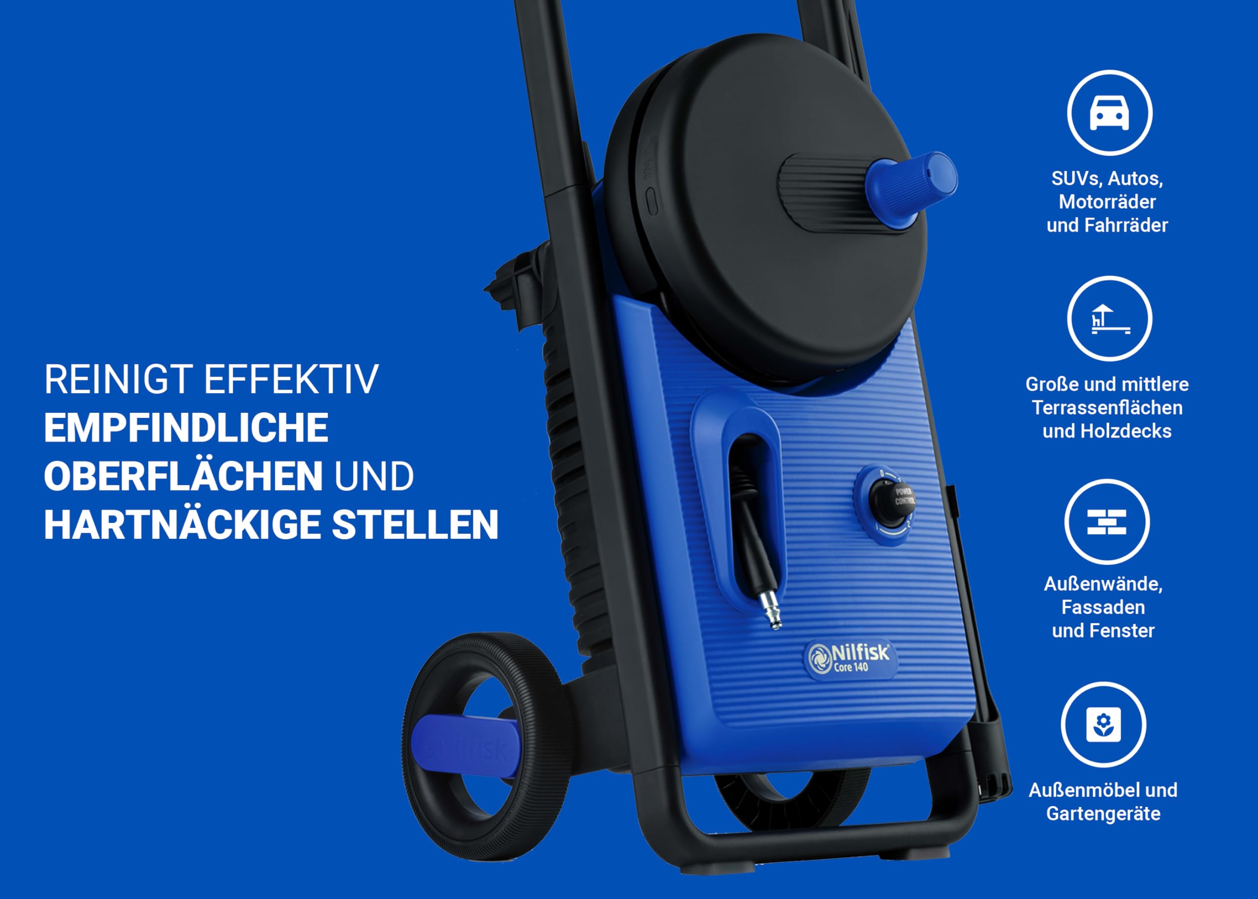 Nilfisk Hochdruckreiniger Core 140 Bar Druck mit PowerControl - Pressure Washer Für Terrassen, Werkstätten und Autos (1800 W)