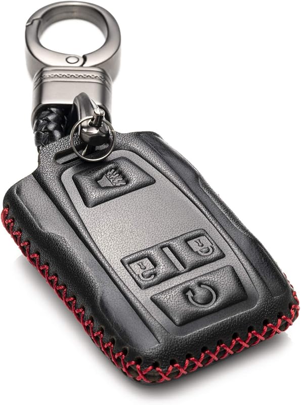 Capa para Chave Automotiva em Couro Legítimo Vitodeco para GMC Sierra, Canyon, Chevy Silverado 1500, Tahoe, Colorado e Suburban, 4 Botões, Preta/Vermelha