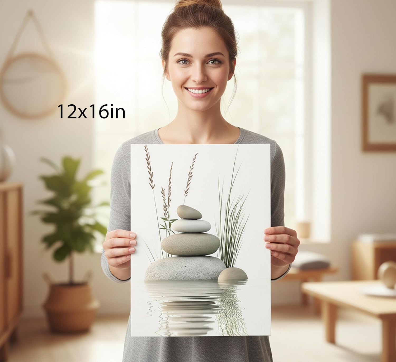 KBIERQN Zen Stone Canvas Wall Art Stacked Stones in Water Poster Print Tranquil Wild Grass Painting Picture for Spa Yoga Meditation Room Bathroom Wall Decor 12x16in Framed Ready to Hang
