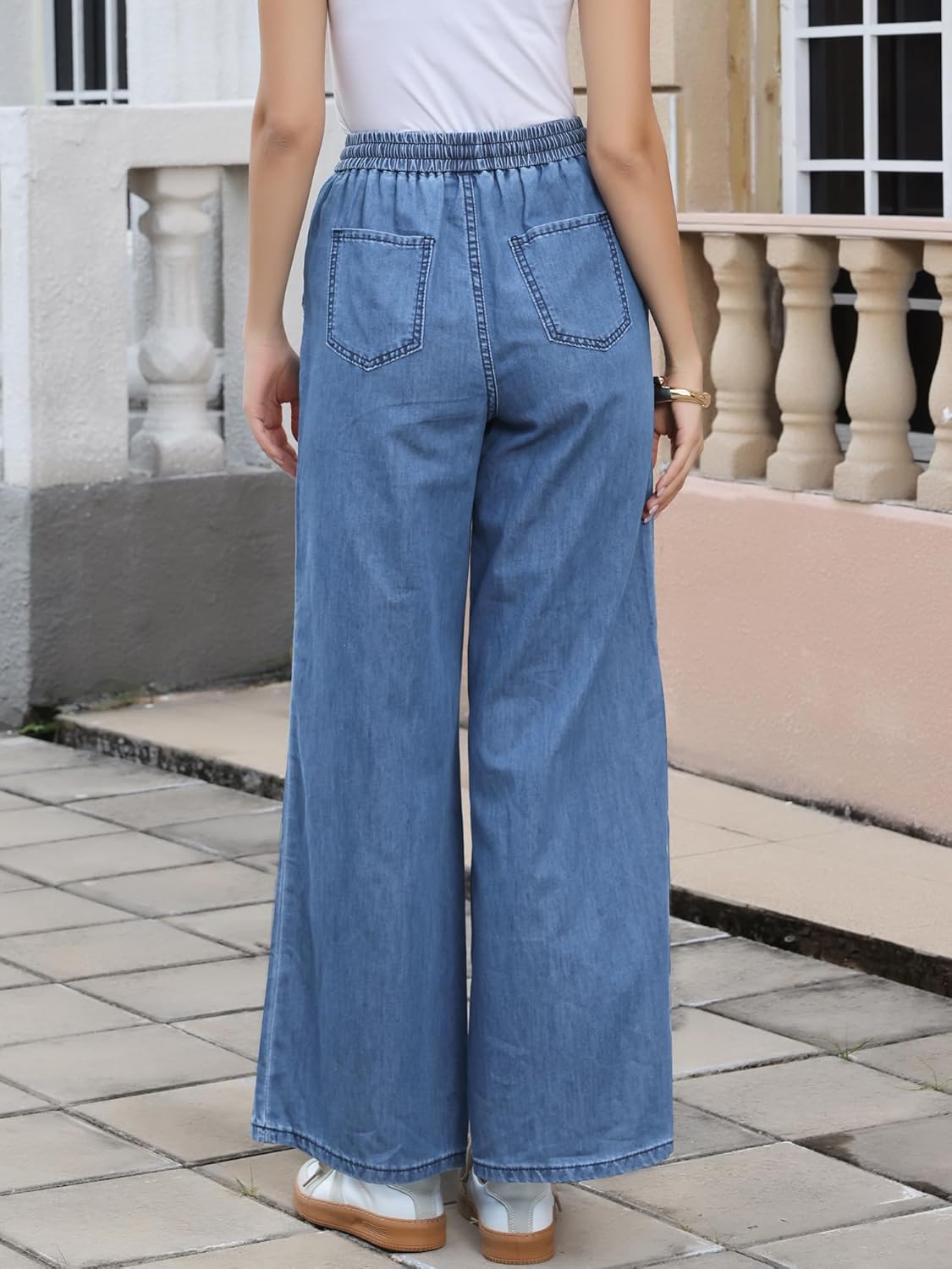 Allegra K Wide Leg Jeans Women Casual Loose Fit Drawstring High Waisted Elastic Waist Denim Pants with Pockets - Image 2