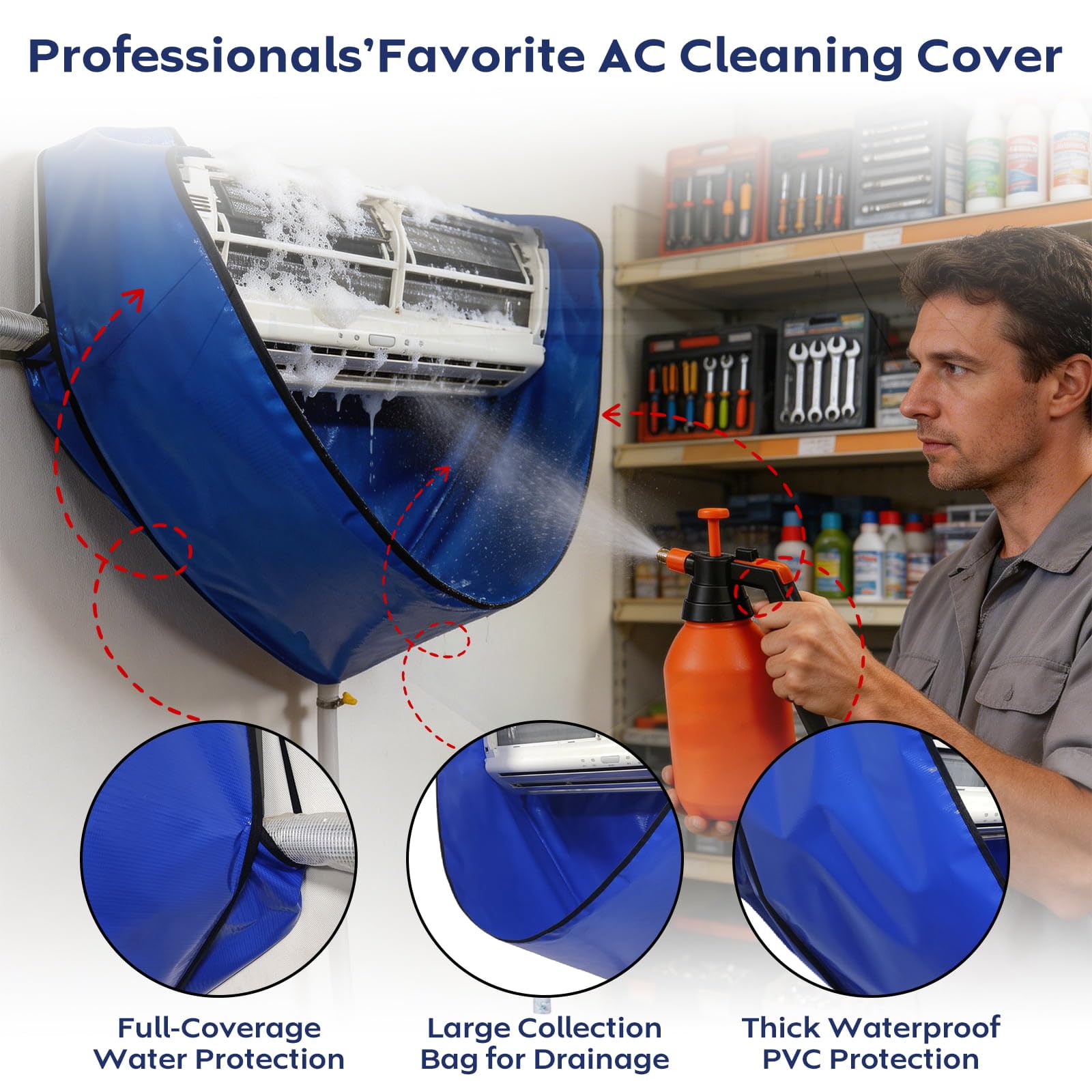 Kit de Limpieza Aire Acondicionado Split, Bolsa de Limpieza Profesional antisalpicaduras con pulverizador a presión 2L, para Aire Acondicionado de Pared y casa, Azul L