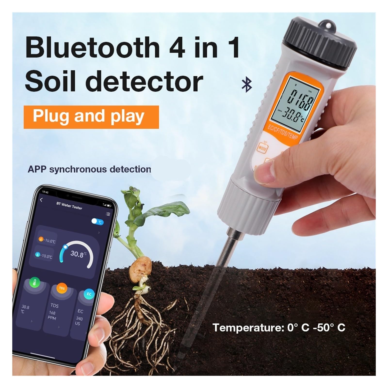 Humidimètre pour Sol, Testeur de conductivité du Sol Intelligent Bluetooth, analyseur TDS CF for la Culture hydroponique pour Le Jardinage et l'agriculture