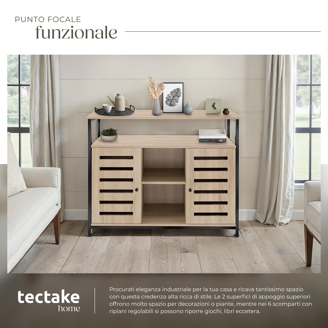tectake® Credenza Cucina 100x37x82cm, Mobile Cucina, Dispensa Salvaspazio Armadio 2 ante, 2 Ripiani, Mensole Regolabili per Piatti e Pentole, Soggiorno, Sala da pranzo - Legno Industriale Chiaro
