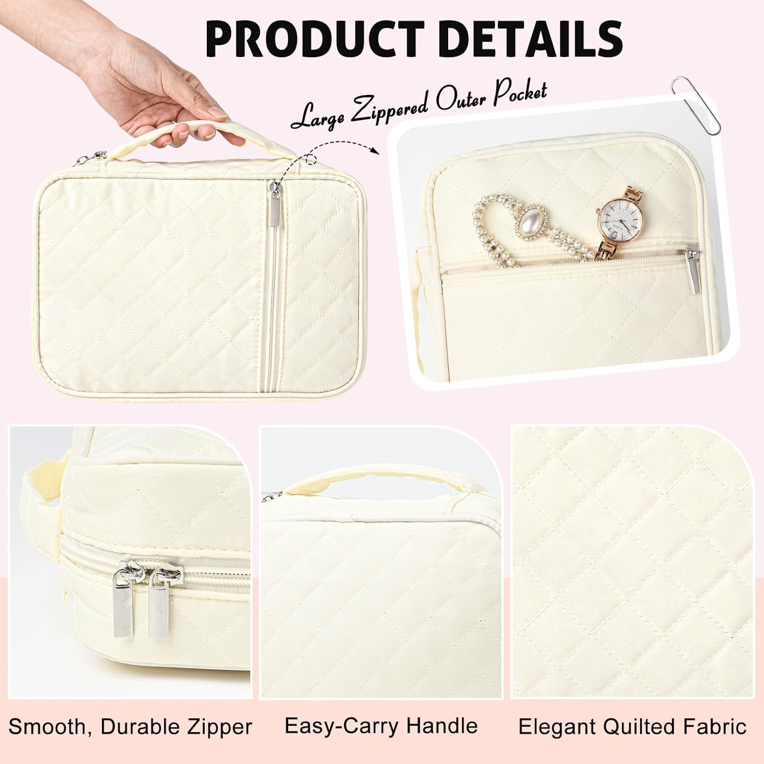 CEELGON Travel Jewelry Case Organizer and Storage Quilted Jewelry Pouch Box for Traveling Ring Necklace Earring Holder with Velvet Jewelry Binder Mini Portable Jewelry Bag (Beige)