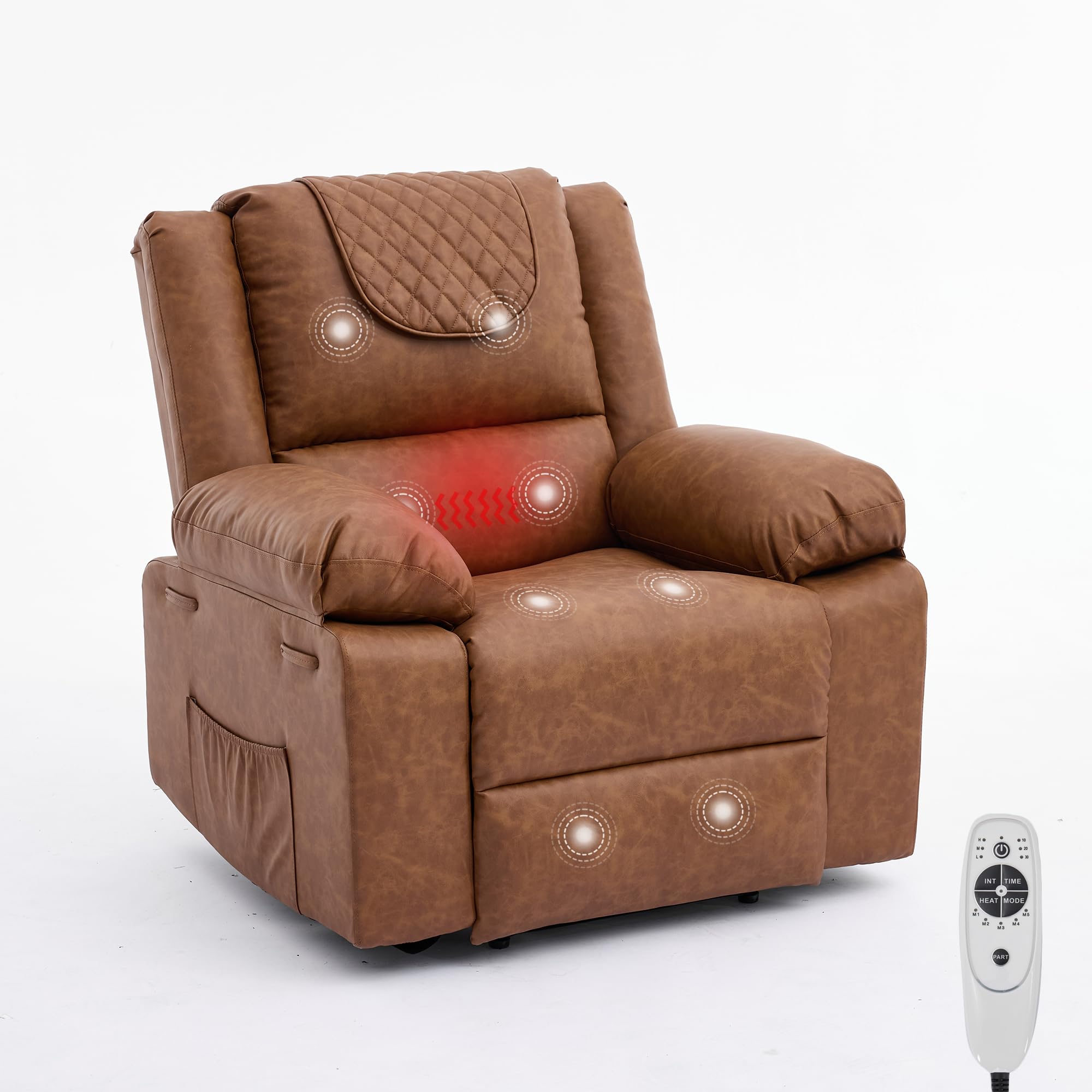 Manual Recliner Chair for Adults with Heating &amp; Massage, 135° Adjustable Reclining Lounge Chair with Side Pockets &amp; Remote Control, Ideal for Living Room Bedroom,Brown