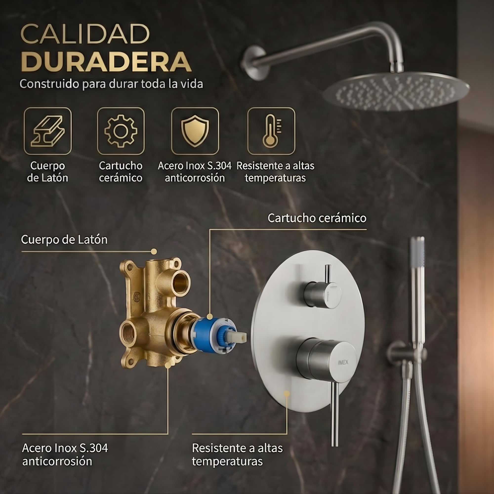 IMEX - Ducha Exterior Pared Acero Inoxidable | Ducha de Jardín Empotrable Exterior para Pared de Acero S.316 | Conjunto de Grifería con Agua Fría y Caliente para Piscina con Alcachofa | Serie Moscú
