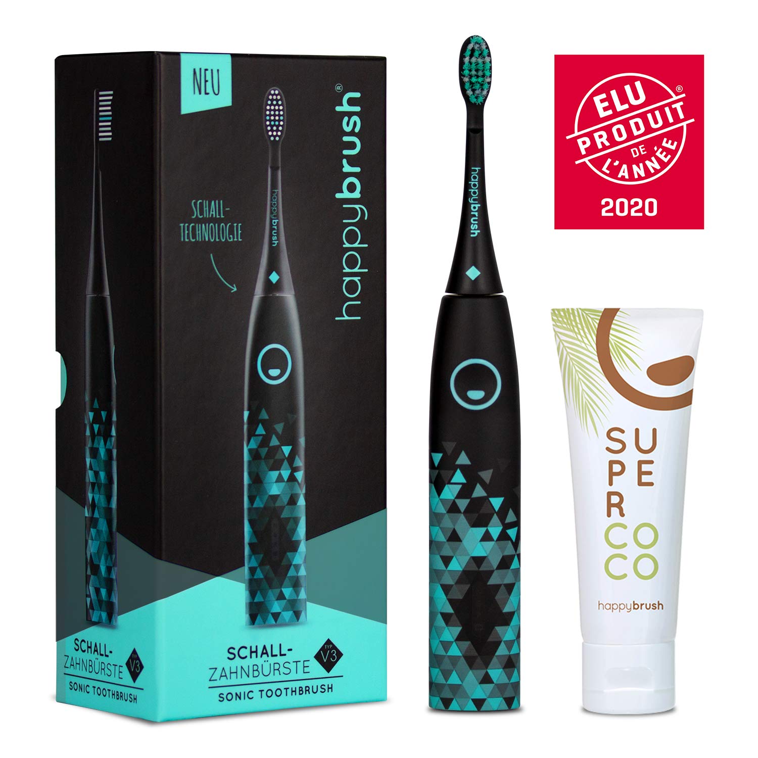 happybrush® Elektrische Schallzahnbürste | Elektrische Zahnbürste Schall VIBE 3 Schwarz mit Aufsteckbürste (-)