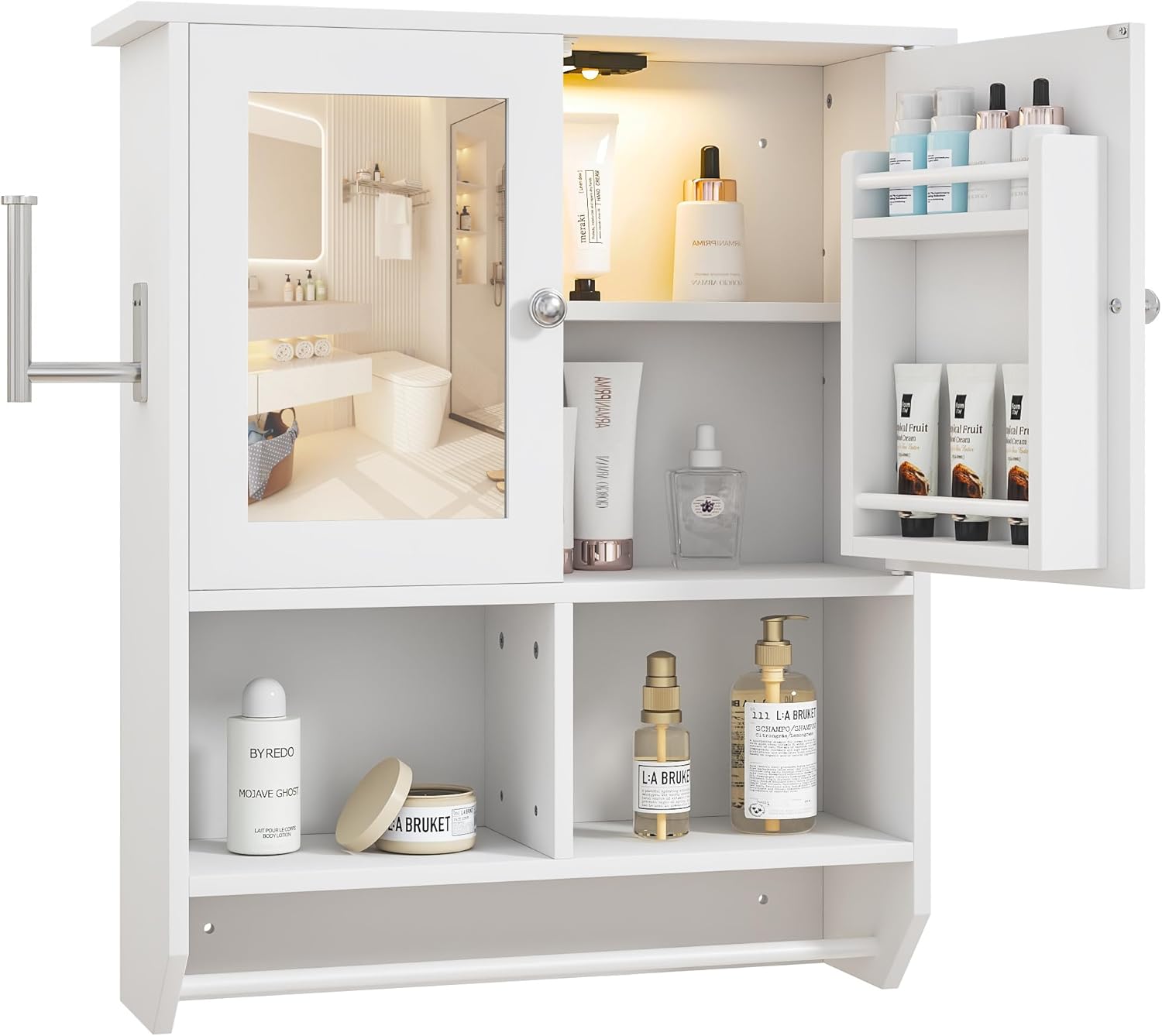 VECELO Bathroom Wall Cabinet with LED Light, Wall Mounted Medicine Cabinet with Open and Hidden Storage Space and Towel Bar for Bathroom, Kitchen, Laundry Room, White