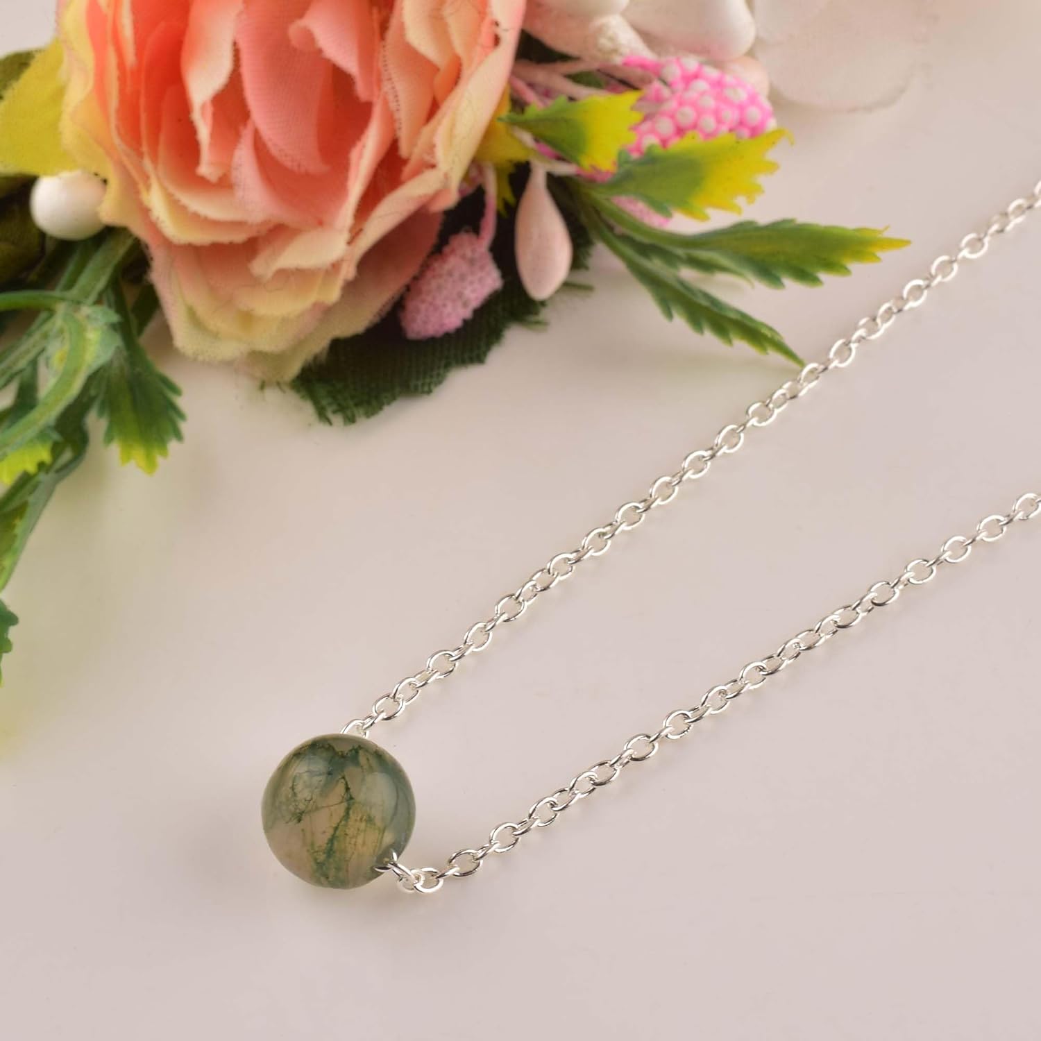 Perfect Ball Natural Moss Agate Crystals Pendant Necklace, Round Cabochon Gemstone, Energy Healing Crystals, Birthday, Gift for Her, Gemstone Jewelry 18 inch AAA+ Quality (moss agate) - Image 4