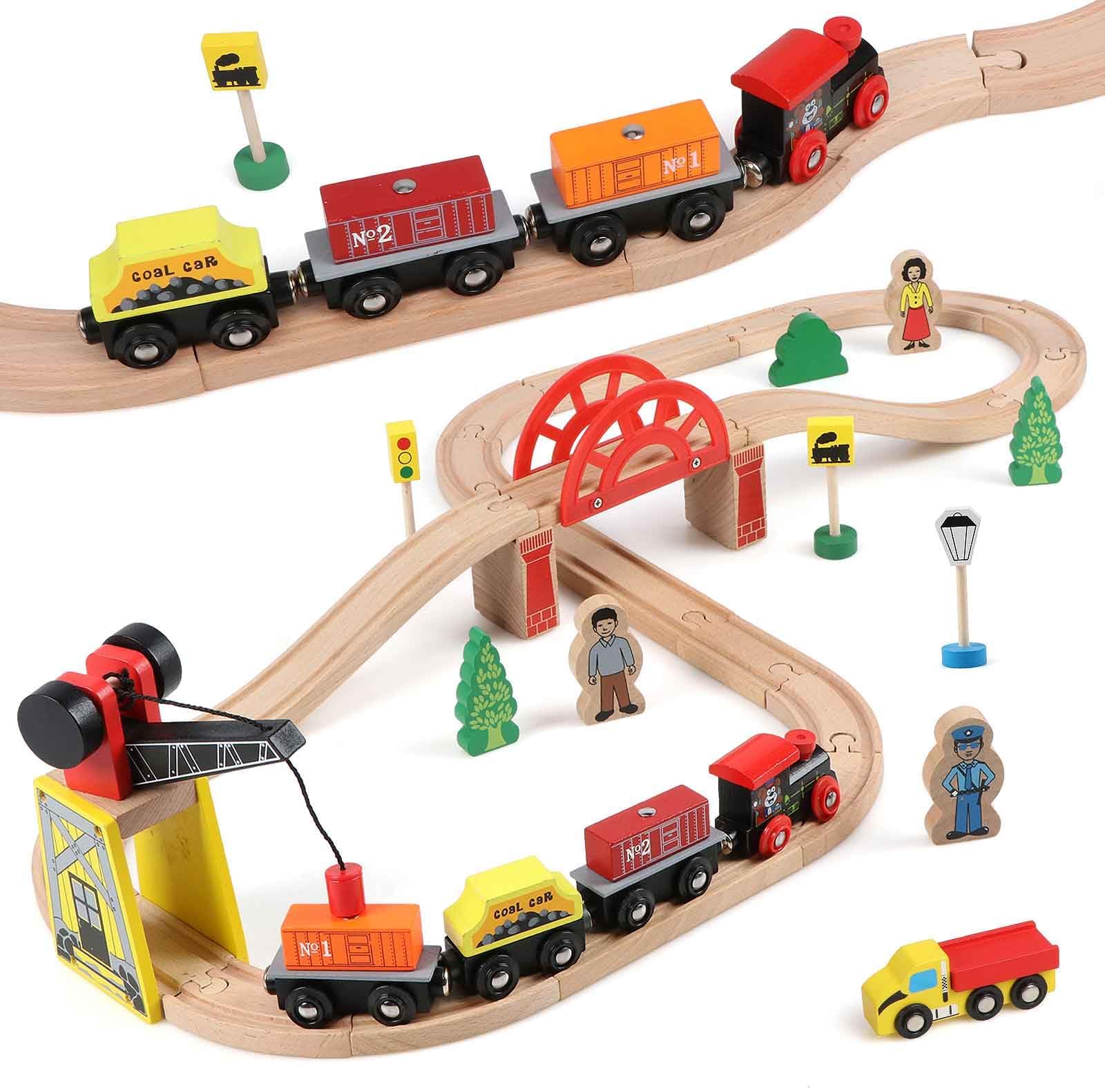 Wooden 39 Piece Train Tracks Toy with Crane Bridge and Wooden Train Tracks Train Toy for Children