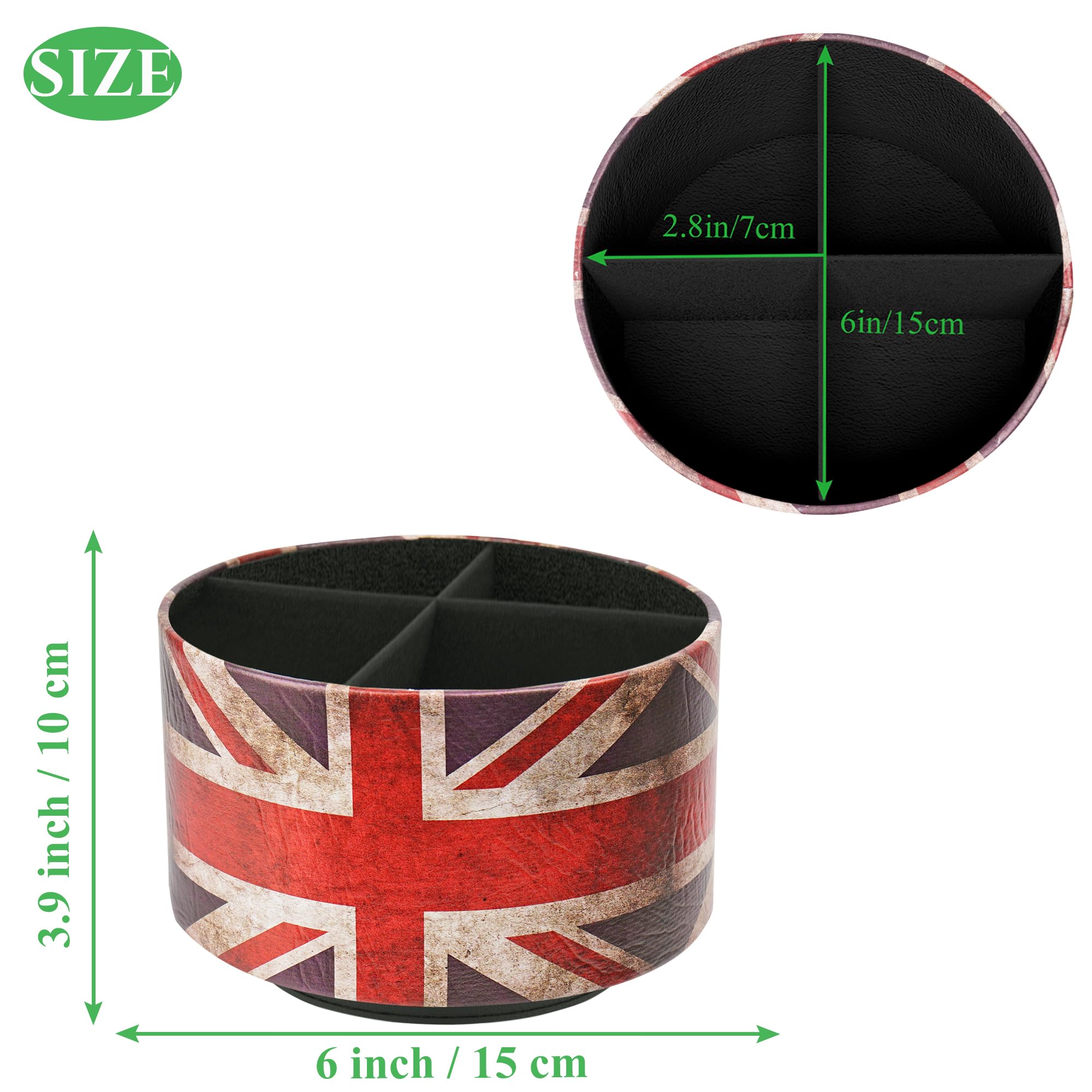 Czzmy Round Leather Art Supply Organizer,Remote Control Holder,360 Degree Spinning,Multi-Functional Pencil Holder,4 Compartments Desktop Stationary Organizer(1-UK Flag) - Image 2