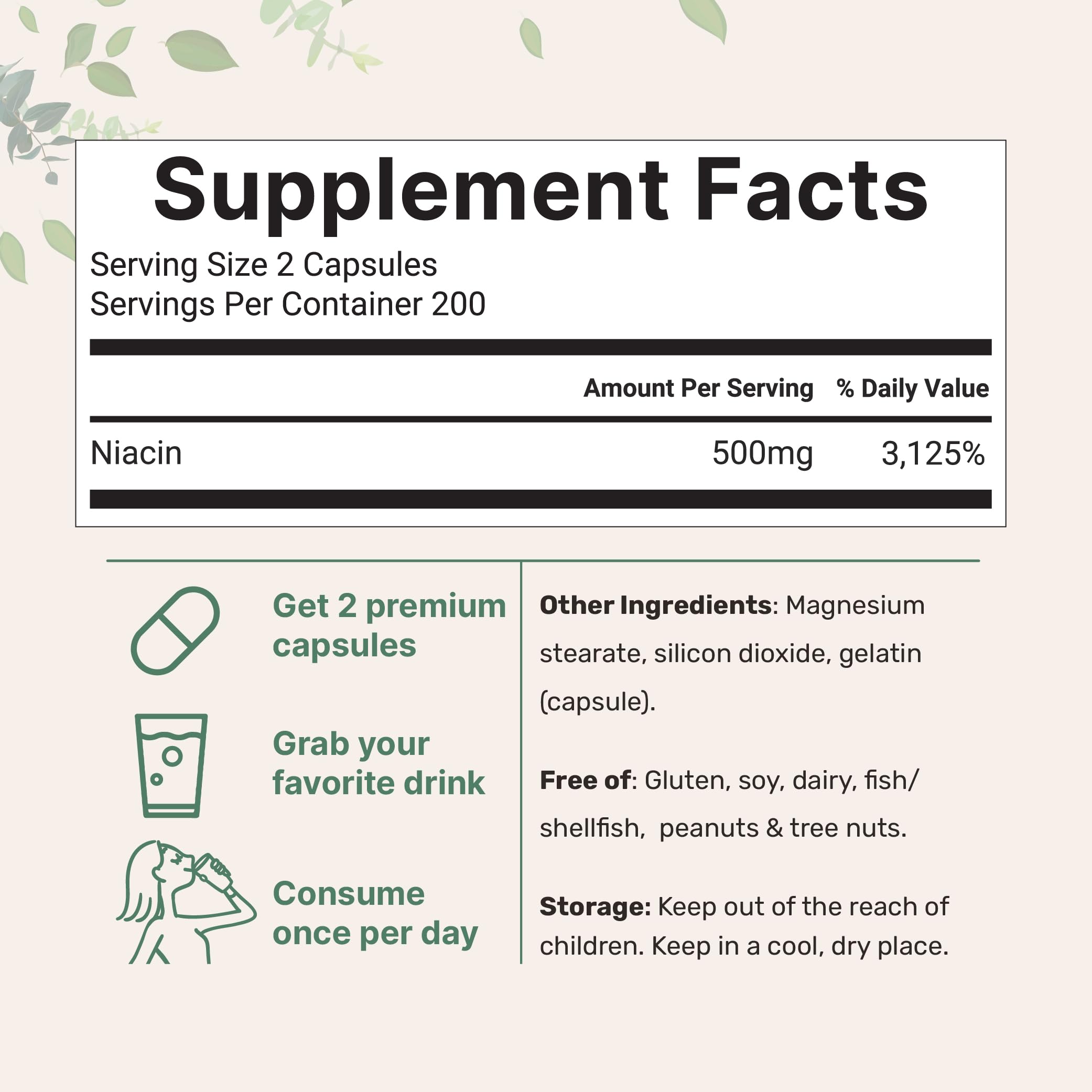 Micro Ingredients Niacin 500mg Per Serving, 400 Capsules | Flush Free B3 Vitamins | Double Strength Essential B Vitamin Supplement | Skin Care Health & Energy Support | Non-GMO, Gluten Free — Amazon image 2