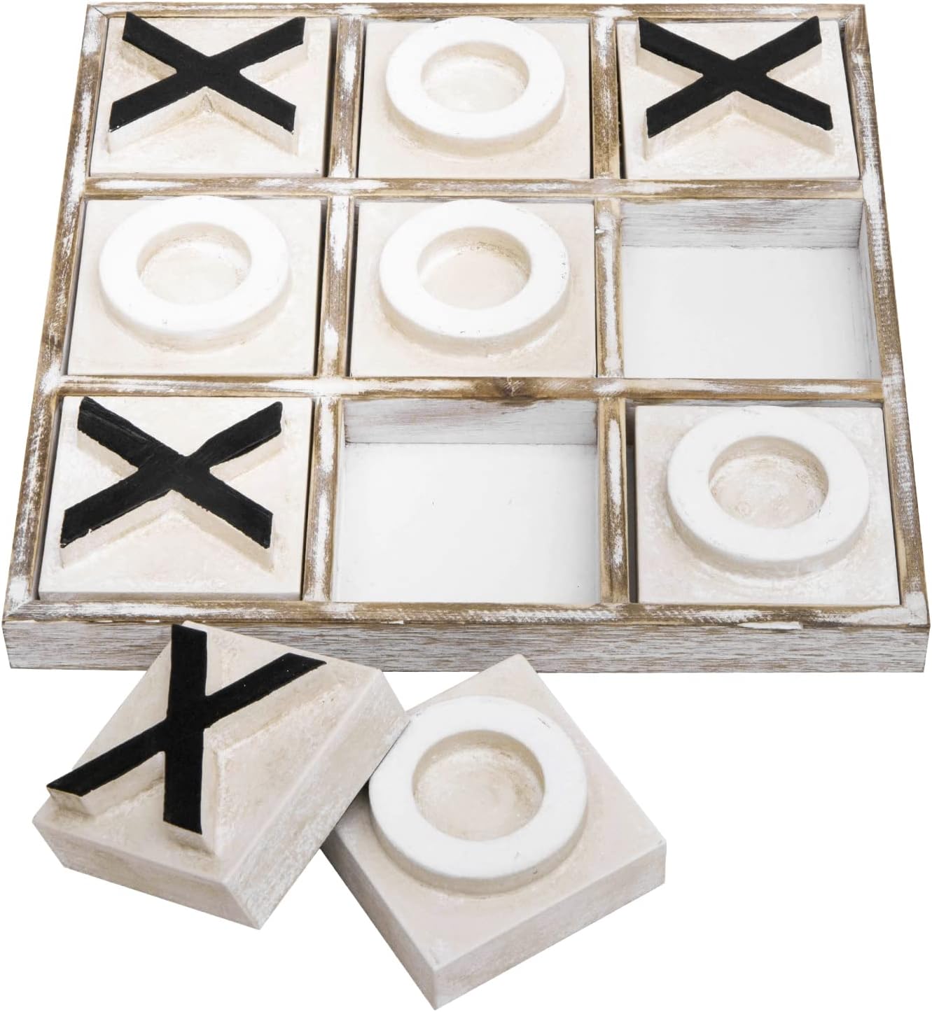 JEVERGN 12.6" Large Wooden Tic Tac Toe Game, Rustic Coffee Table Game, Wood Farmhouse Tic Tac Toe Board Game Decor, Family Games for Adult & Kids, Whitewashed