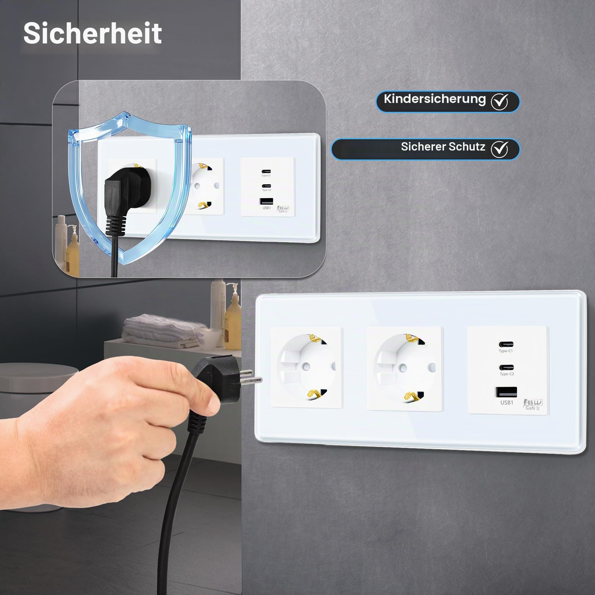 TAWOIA Schuko Steckdose Mit 65W Type C und USB Schnelllade Schnittstelle für Mobiltelefone, Tablets und Laptops,2 Fach Unterputz Mit 2,5D Curved Glas Platte, Wandsteckdosen Weiß 86 * 228mm