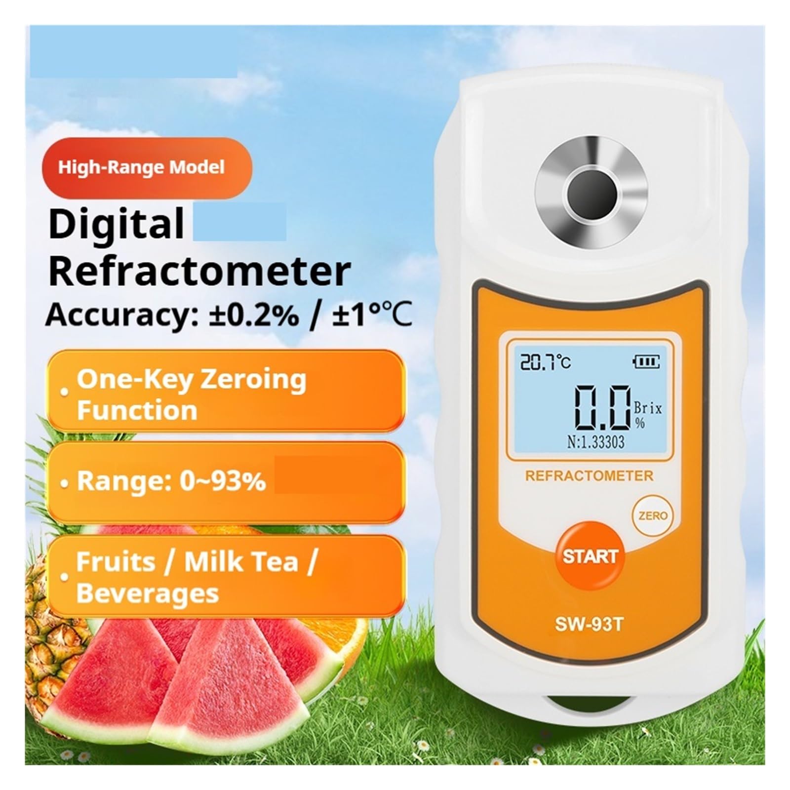 Refractómetro for medir el Contenido de azúcar ATC de Bebidas y jugos de Frutas, 0-93% de sacarómetro