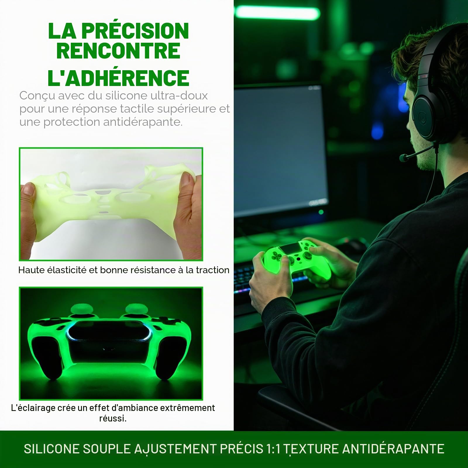 Skins Silicone Grip Glow in The Dark boîtier de Protection Compatible avec Le contrôleur PS5 + 8 PCS Thumb Grips Caps et 2 Grips Caps Glow in The Dark.