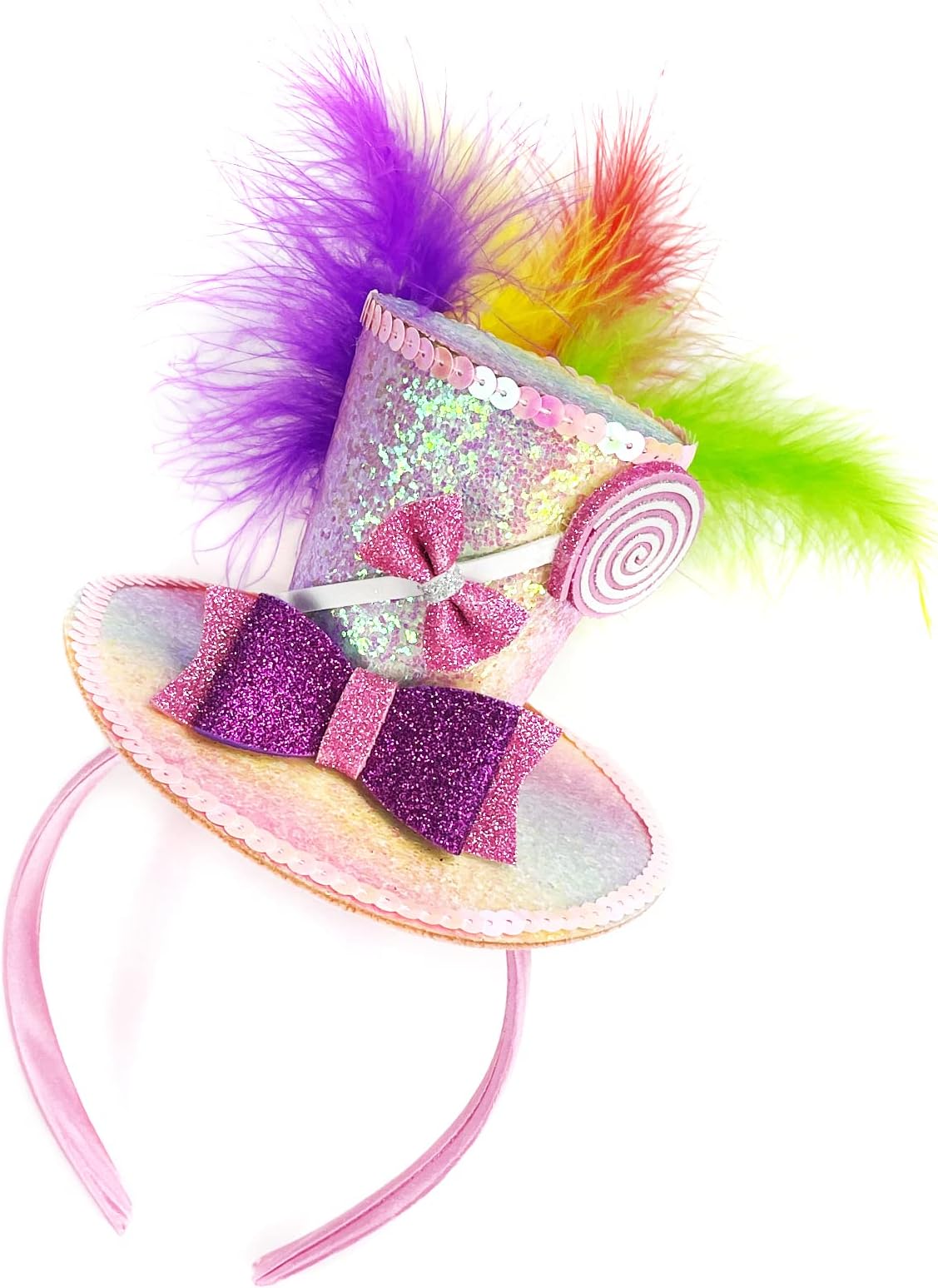 Sweet Mini Top Hat Headband with Multicolor Feathers Crazy Hat Day Candy Costume Accessories Women Lollipop Headbands for Mardi Gras Halloween