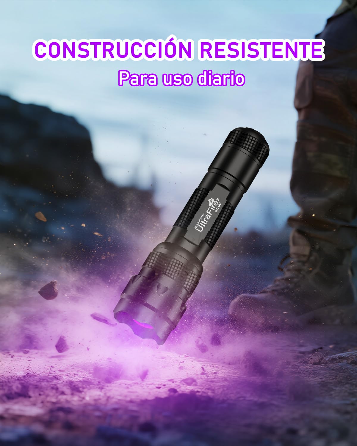 Ultrafire Linterna UV 395-405nm Zoom Ultravioleta Pequeña Linterna LED, Modo Unico Enfoque Ajustable Mini Linterna Táctica para Resina Secado, Orina Mascotas, 502UV