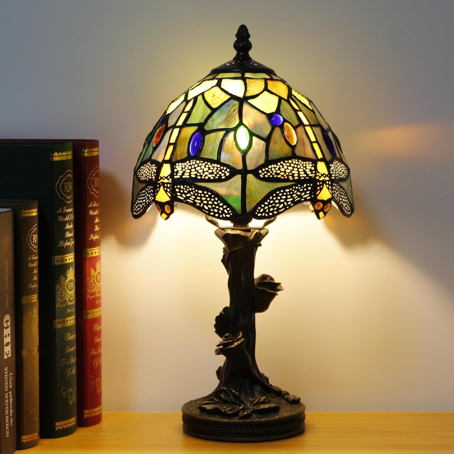 Small Tiffany Table Lamp Stained Glass Lamp Brown Yellow Dragonfly Style Bedside Light Mini Accent Desk Memory Lamp 8X15 Inch