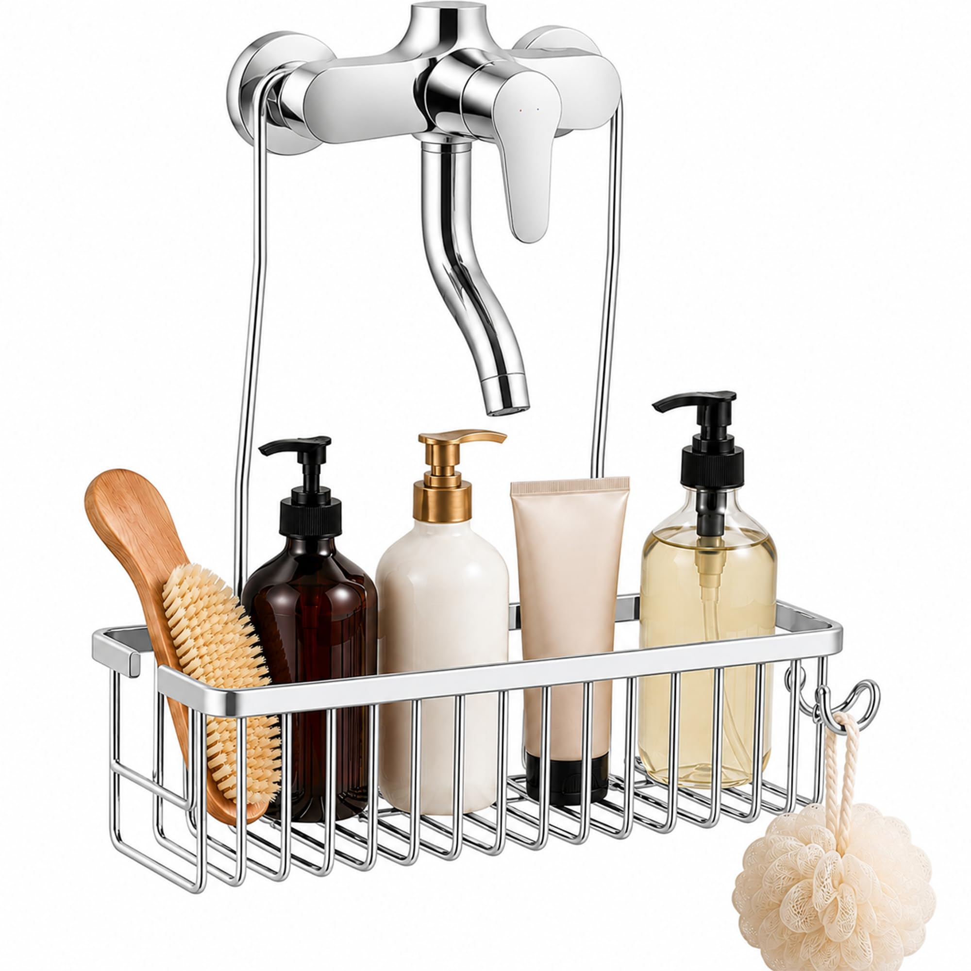 PWRco Hanging Shower Caddy, Rustproof Aluminium Over Head Bathroom Organiser - No Drill Storage Basket with Hooks for Shampoo, Conditioner, Soap & Toiletries, Space Saving Bathroom Essentials, Silver