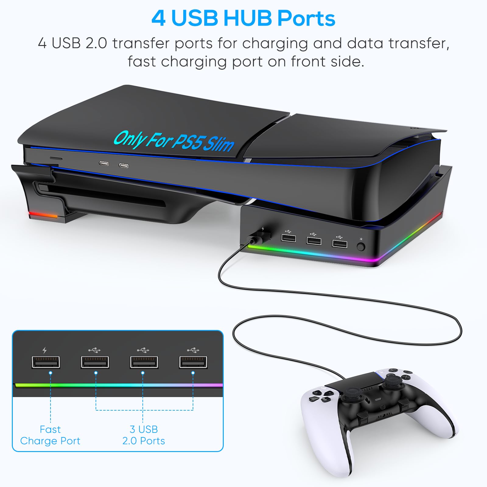 FYOUNG Supporto orizzontale aggiornato per PS5 Slim Digital & Disc Edition con 14 luci RGB, base antiscivolo accessori con 4 porte USB - Solo per Playstation 5 Slim 2023 (nero), P5S2B