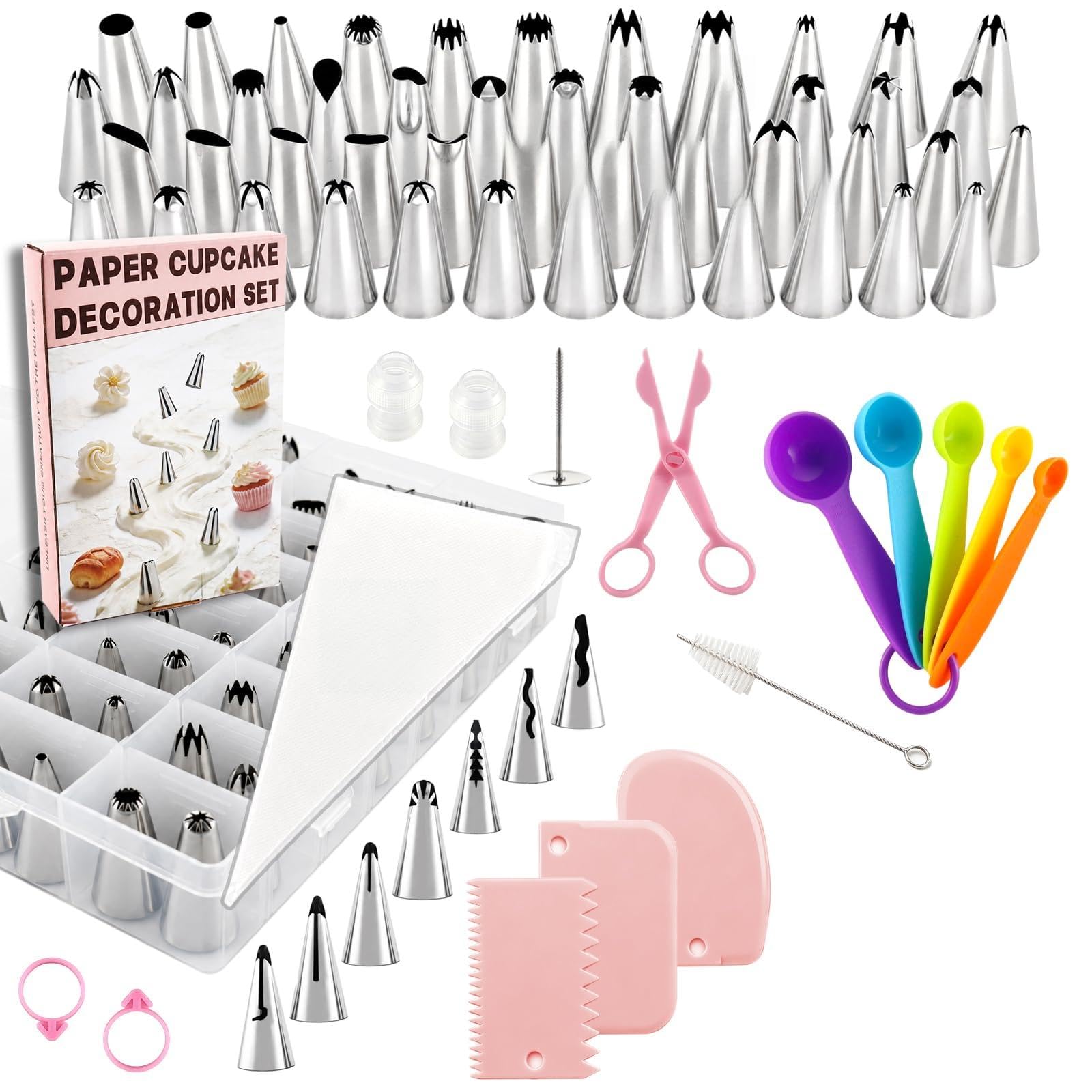 120 PCS Piping Bags and Nozzles Set 55 Icing Tips with 50 Disposable Piping Bags, 2 Couplers, Flower Nail, Flower Lifter, 3 Scrapers, 5 Measuring Spoons, Cake Decorations Piping Kit for Beginners Pros