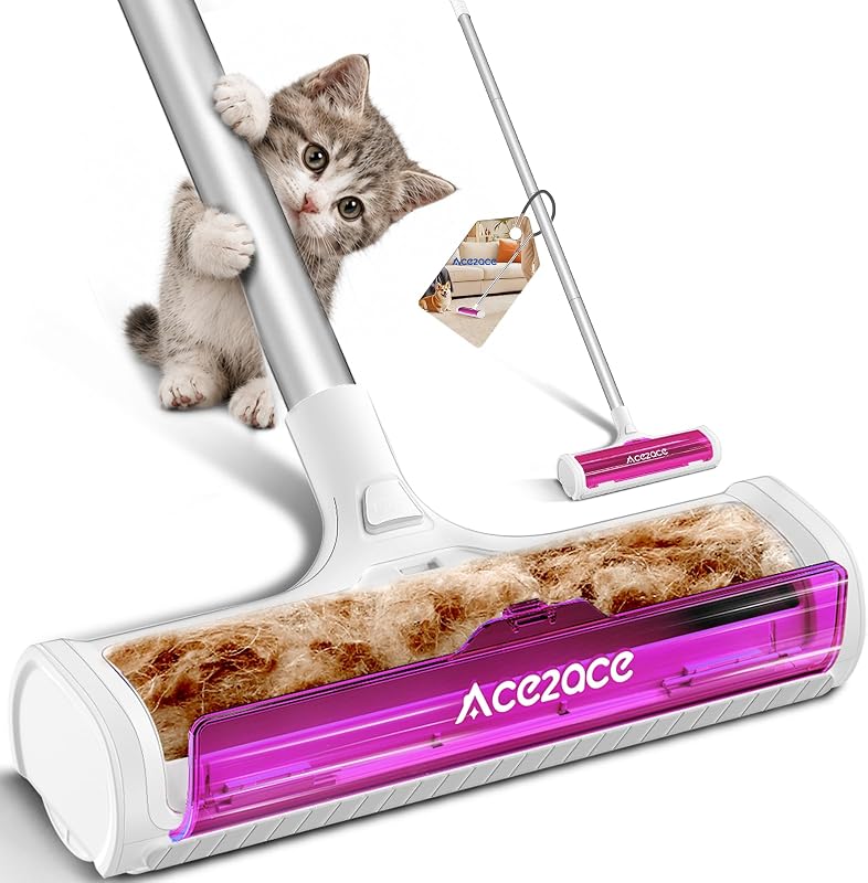 Rolo reutilizável para remoção de pelos de gatos e cães em carpetes ACE2ACE A3 Pro – cabo ajustável até 1,52 m, Roxo